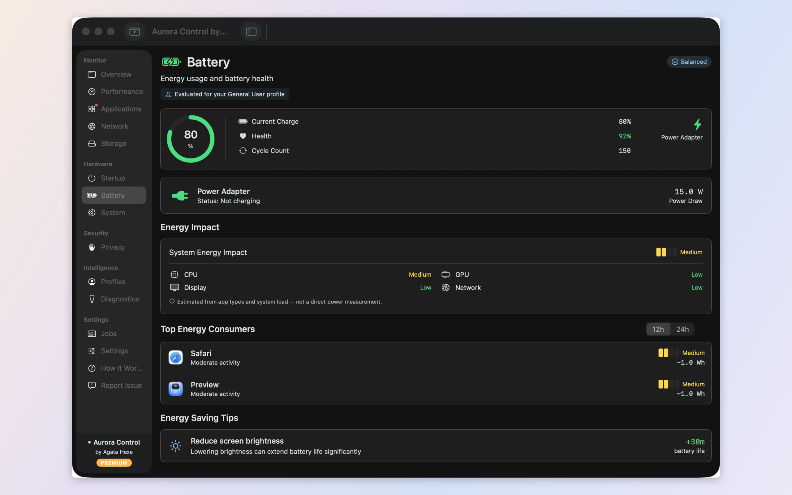 Battery, energy and thermal — per-app energy draw, battery health, and real CPU/GPU/SSD temperatures