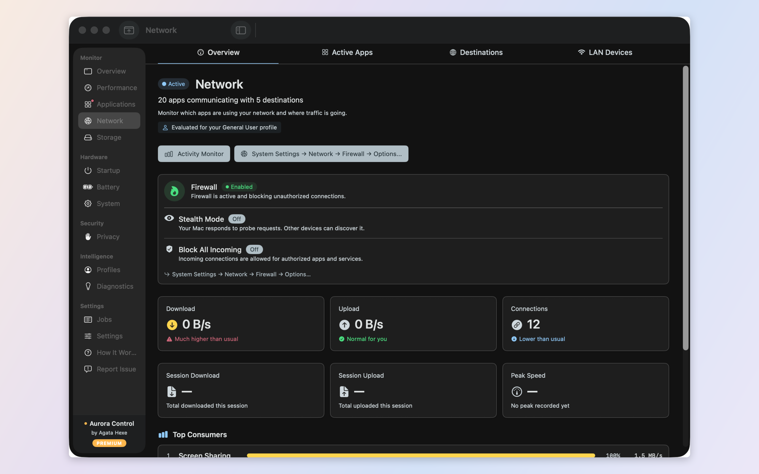 Network monitor — per-app traffic, destinations, LAN devices, and a built-in outbound firewall