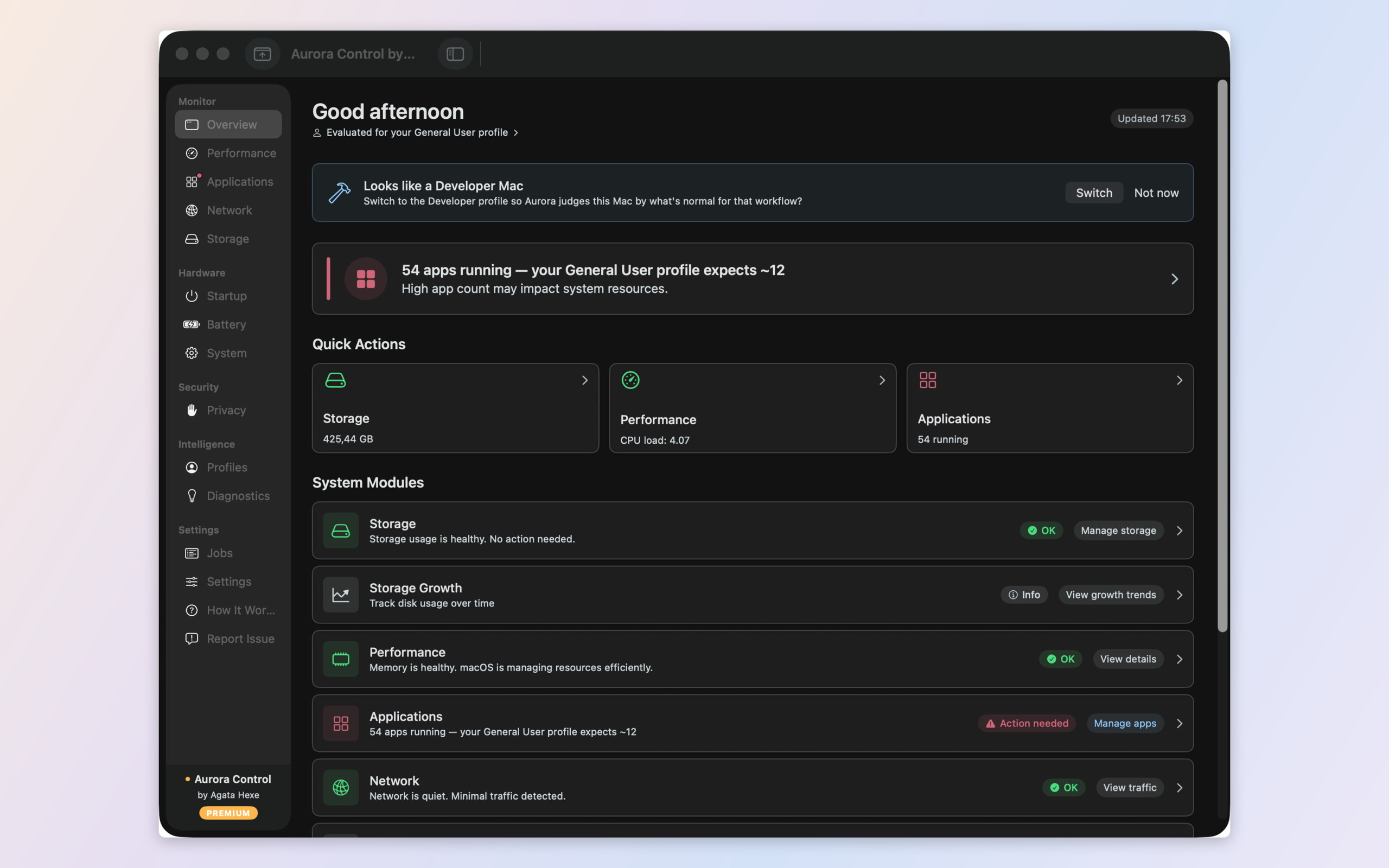 Aurora Control overview dashboard