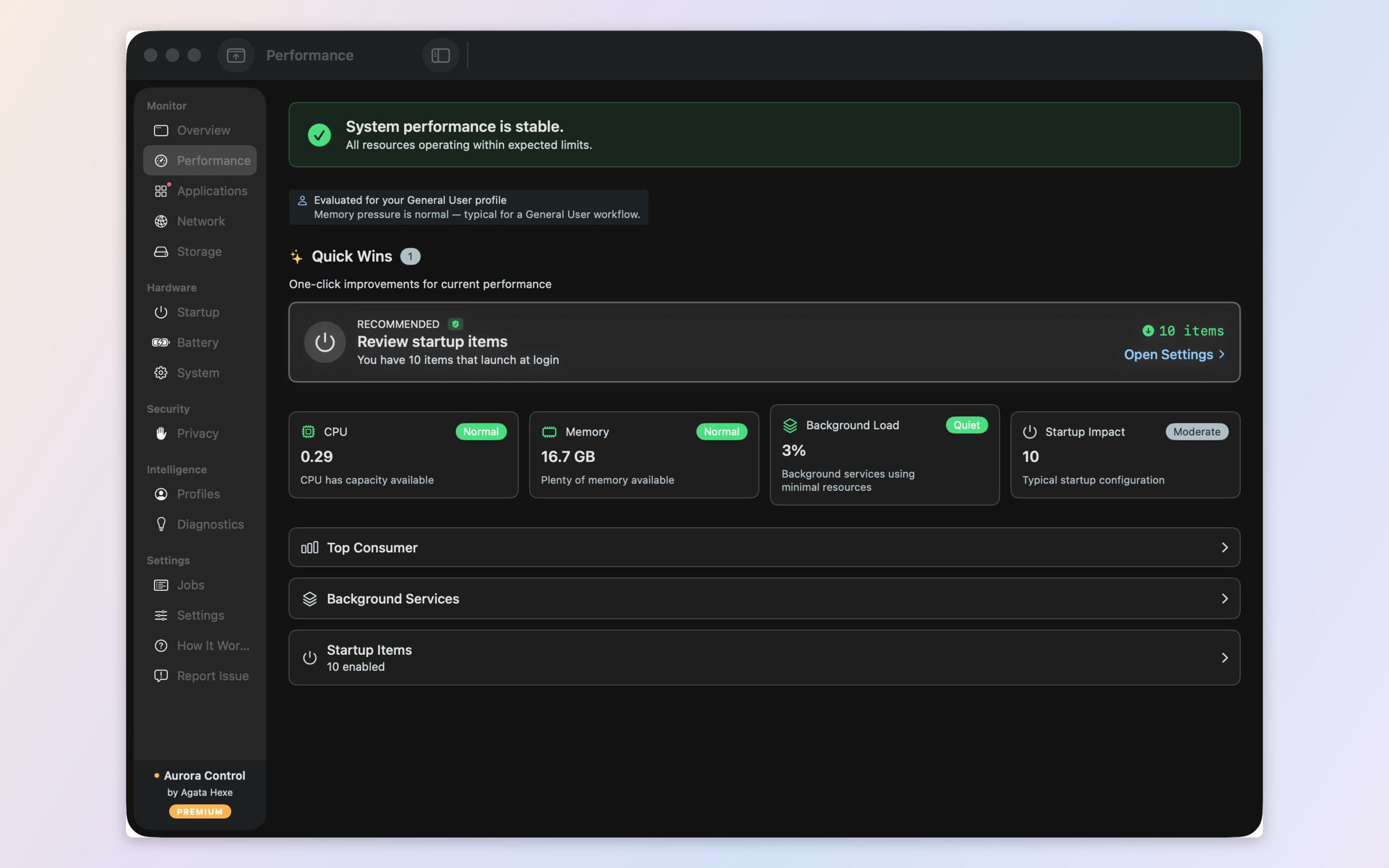 Performance — CPU load per core and memory pressure interpreted through your profile