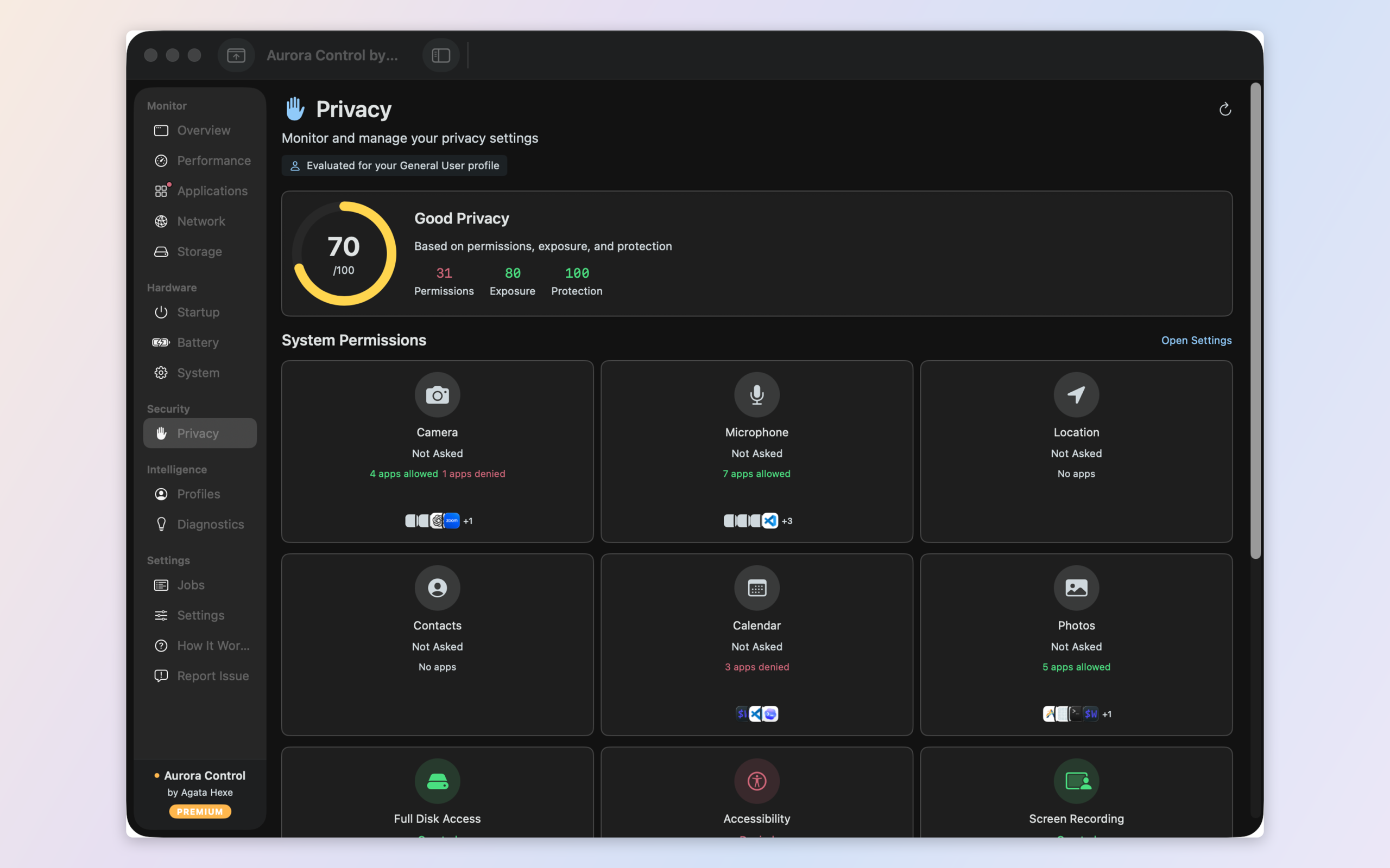 Privacy audit — which apps hold camera, microphone, location and full disk access, with a privacy score