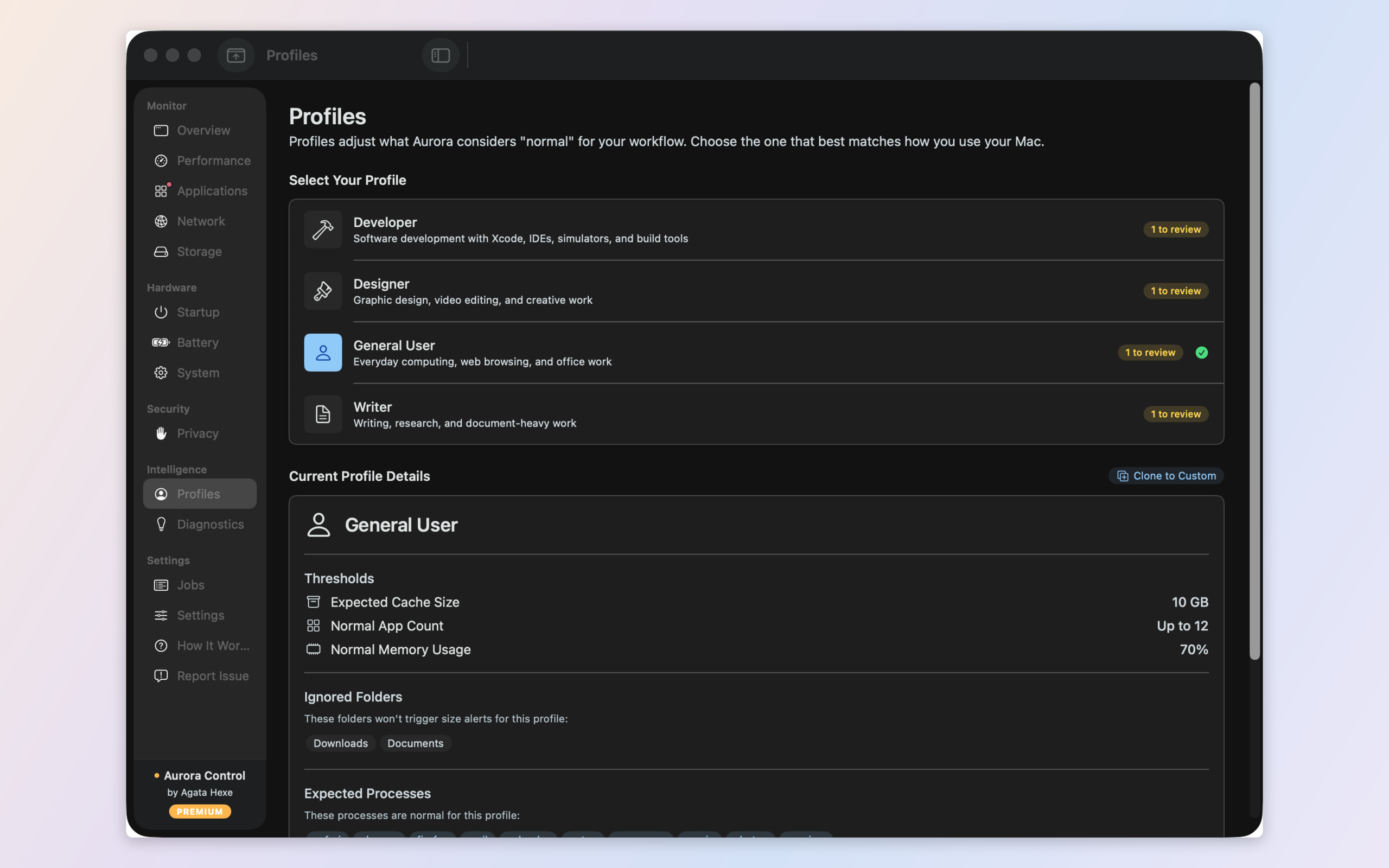 Profiles — Developer, Designer, Writer, General and custom presets that redefine what 'normal' means for your Mac