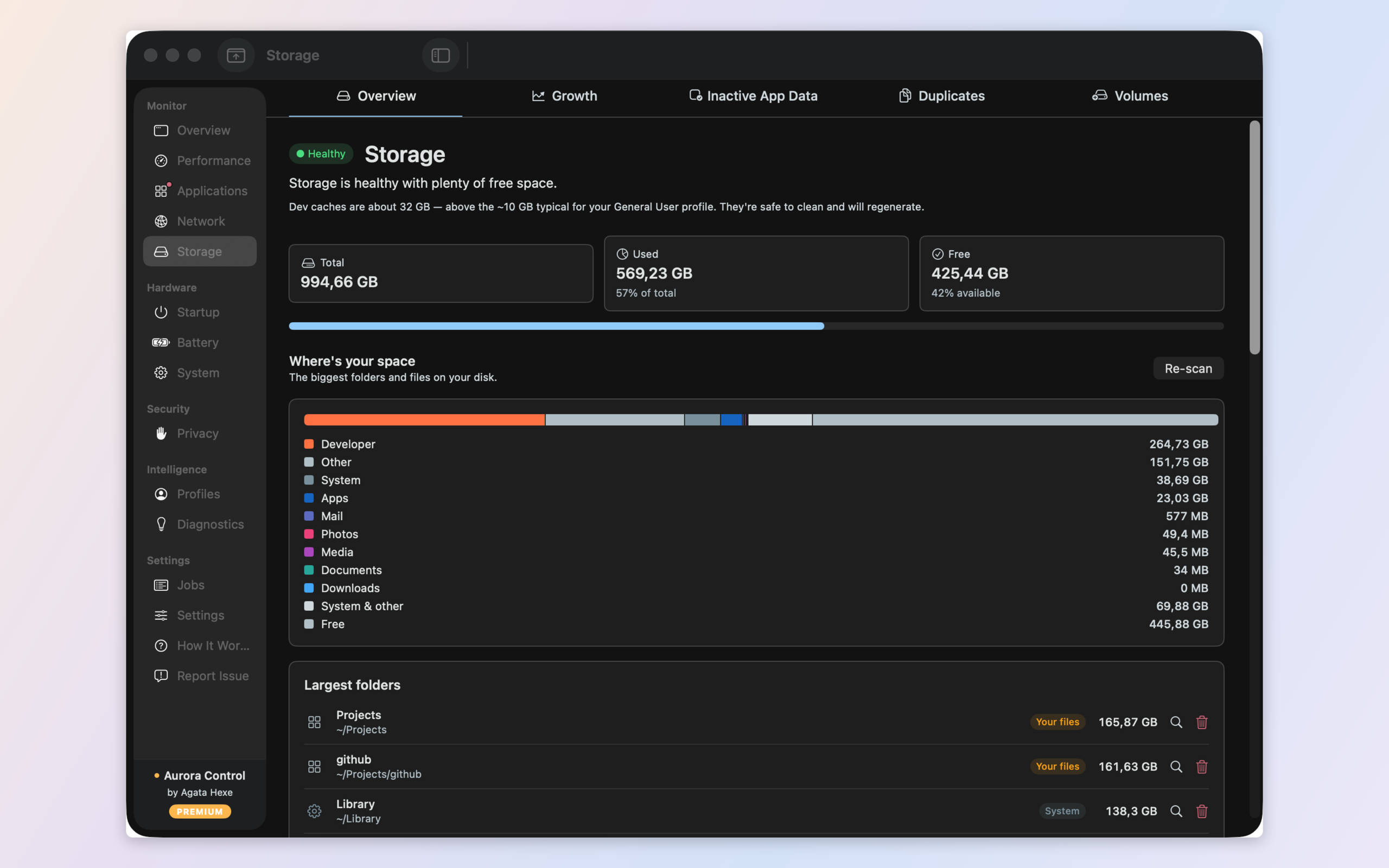 Storage analysis — free space, categories, and a growth timeline mapped to the tools that fill it