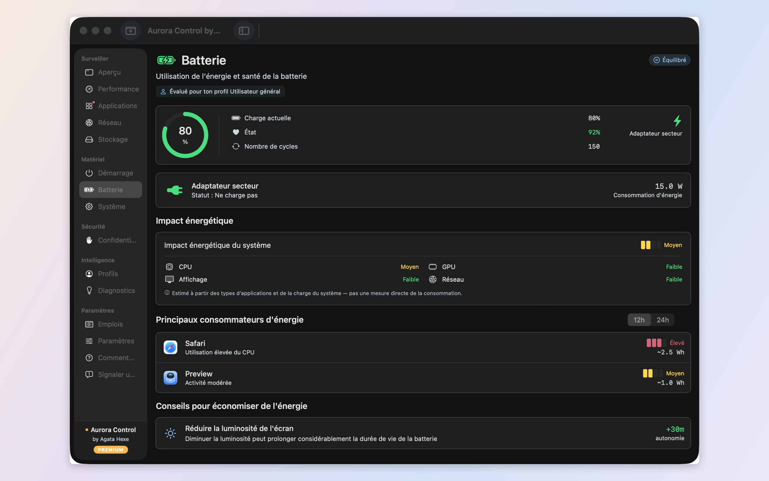 Battery, energy and thermal — per-app energy draw, battery health, and real CPU/GPU/SSD temperatures