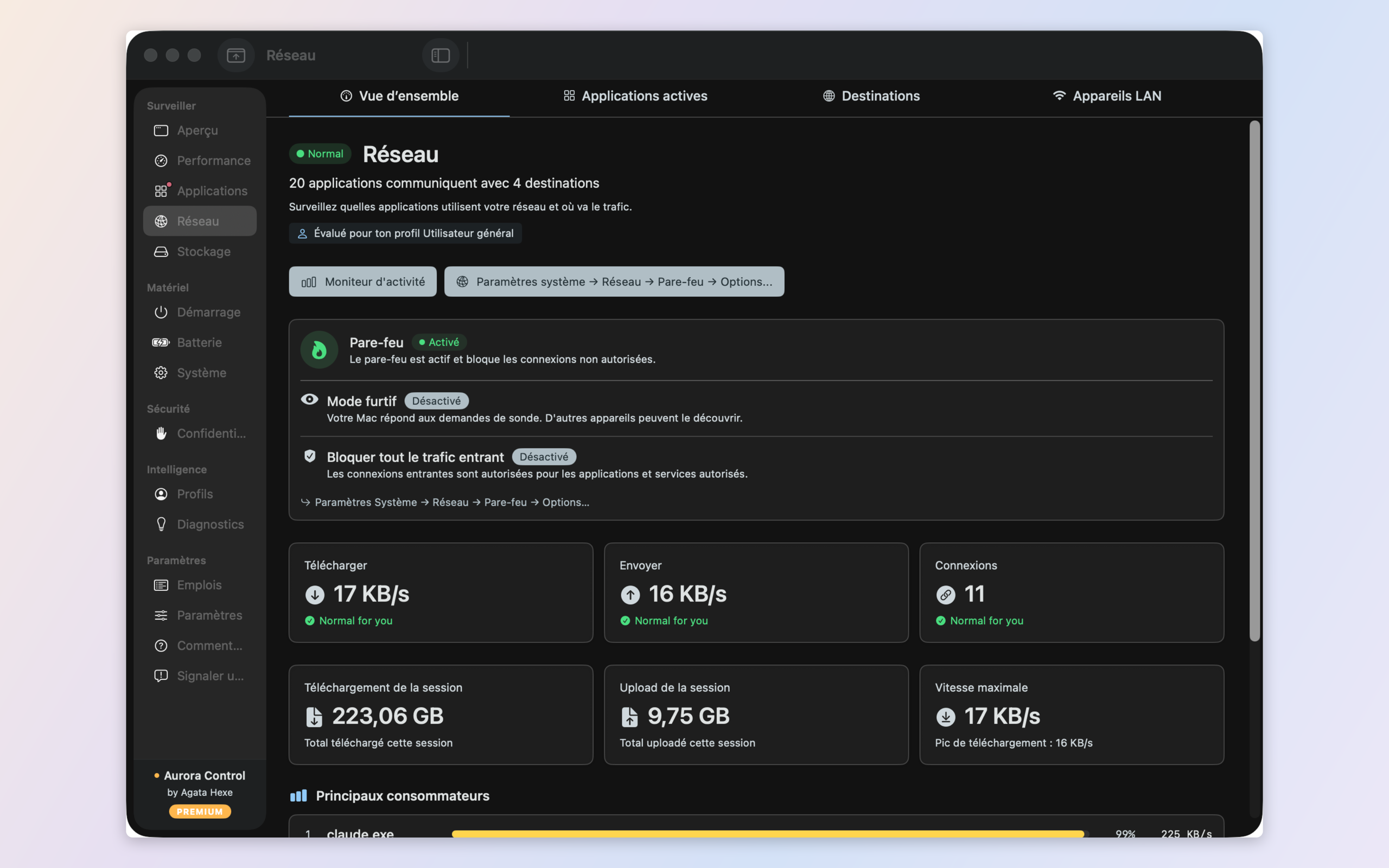 Network monitor — per-app traffic, destinations, LAN devices, and a built-in outbound firewall