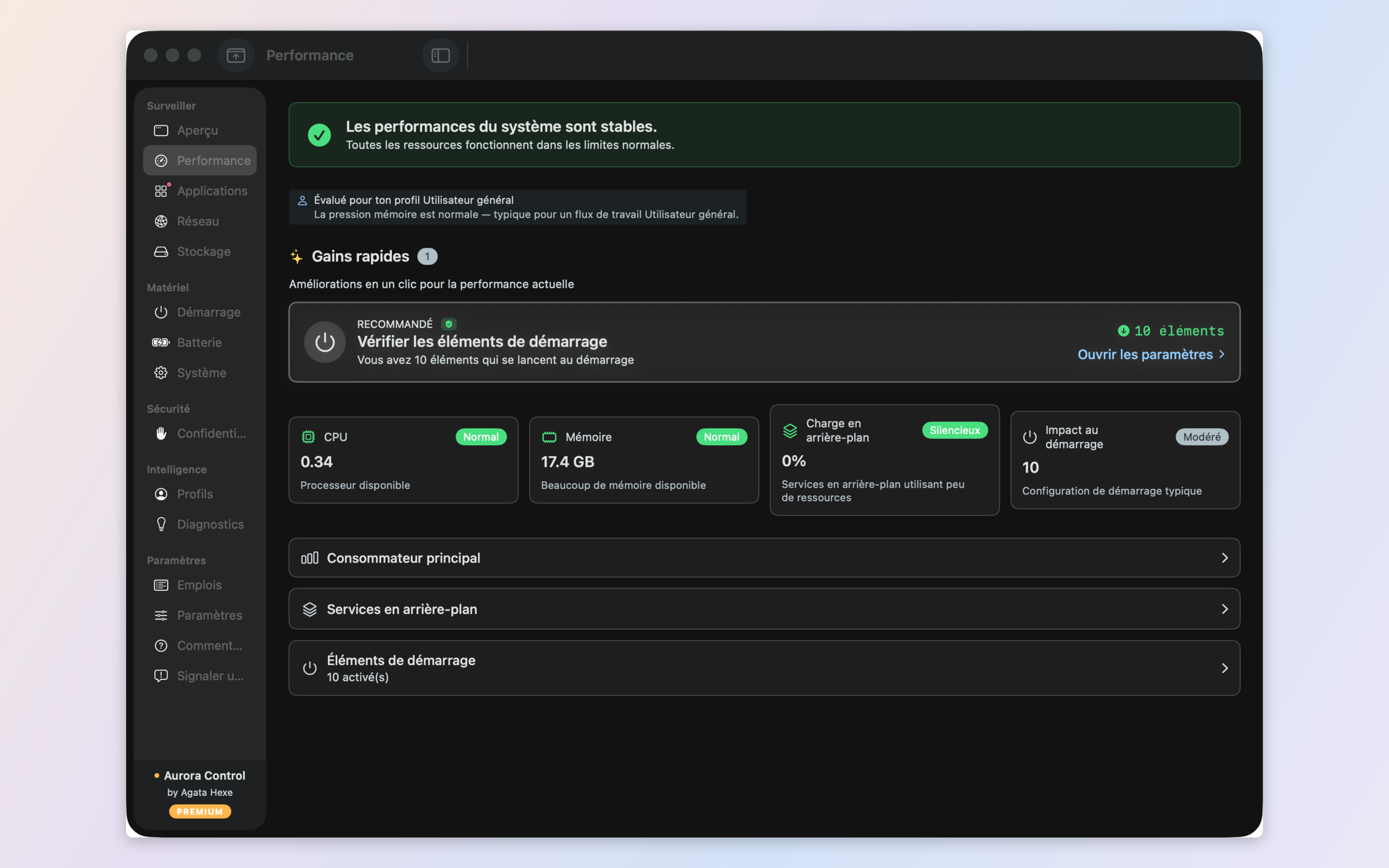 Performance — CPU load per core and memory pressure interpreted through your profile