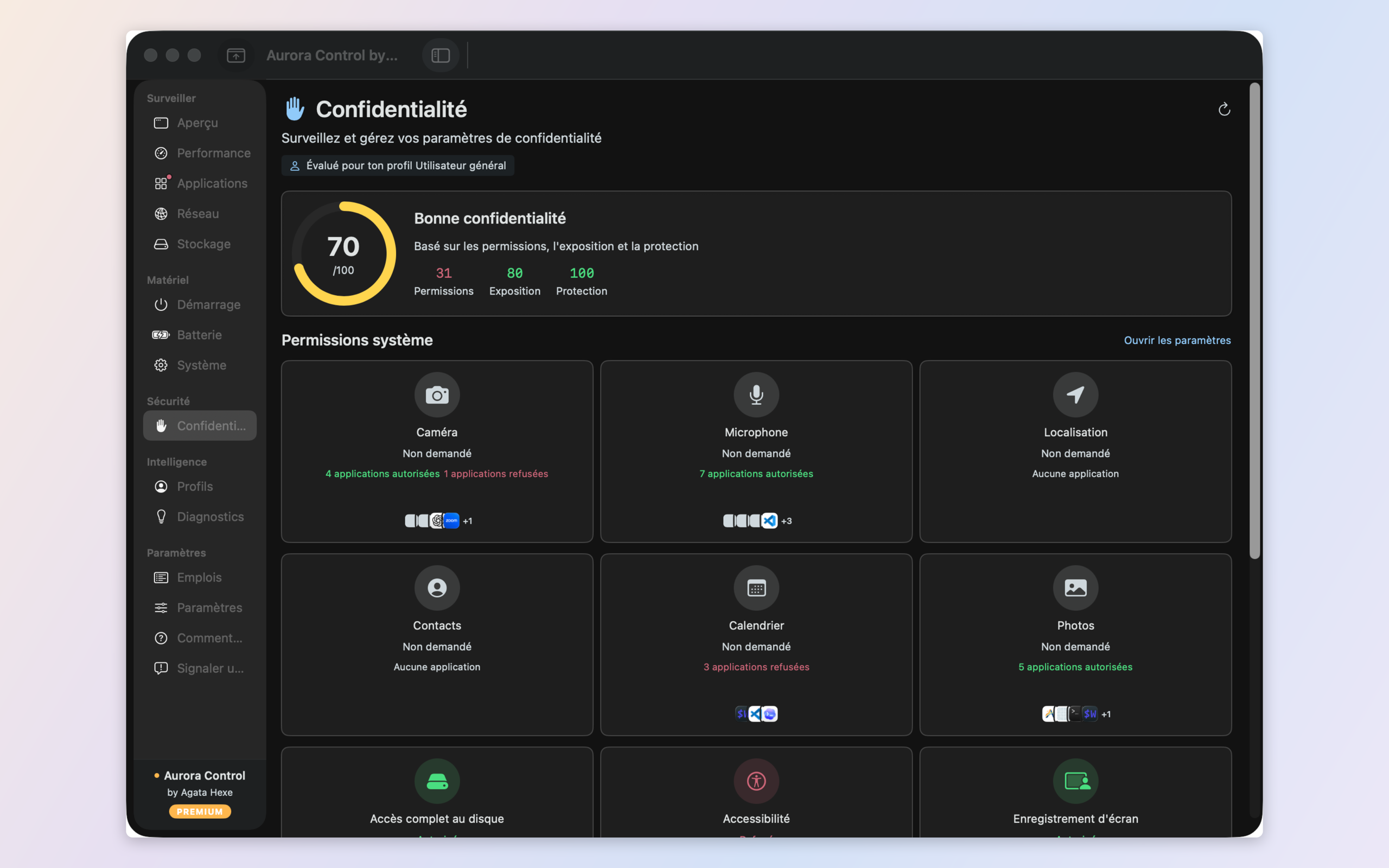 Privacy audit — which apps hold camera, microphone, location and full disk access, with a privacy score