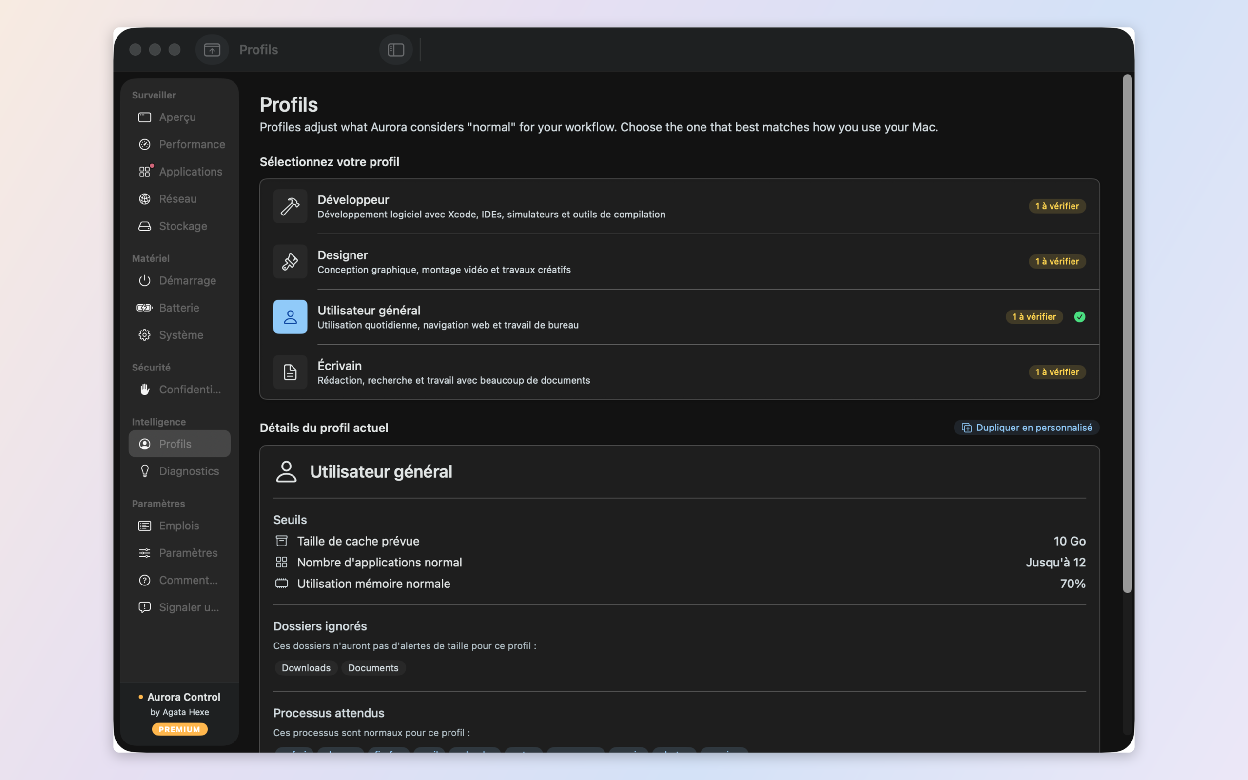 Profiles — Developer, Designer, Writer, General and custom presets that redefine what 'normal' means for your Mac