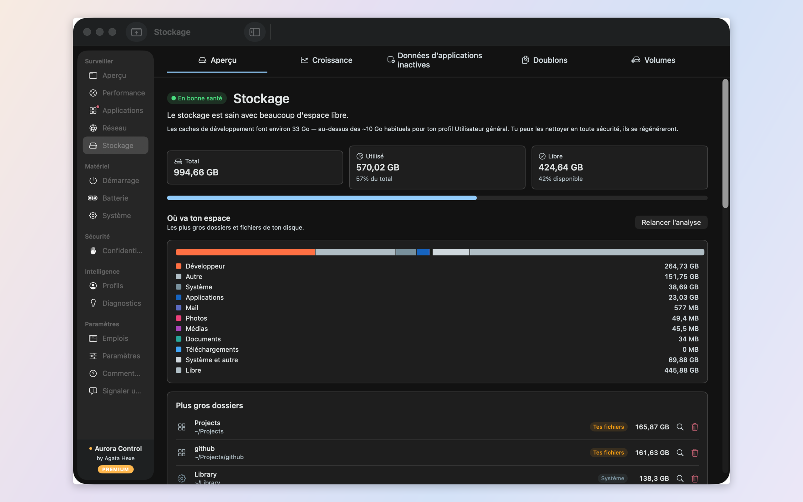 Storage analysis — free space, categories, and a growth timeline mapped to the tools that fill it