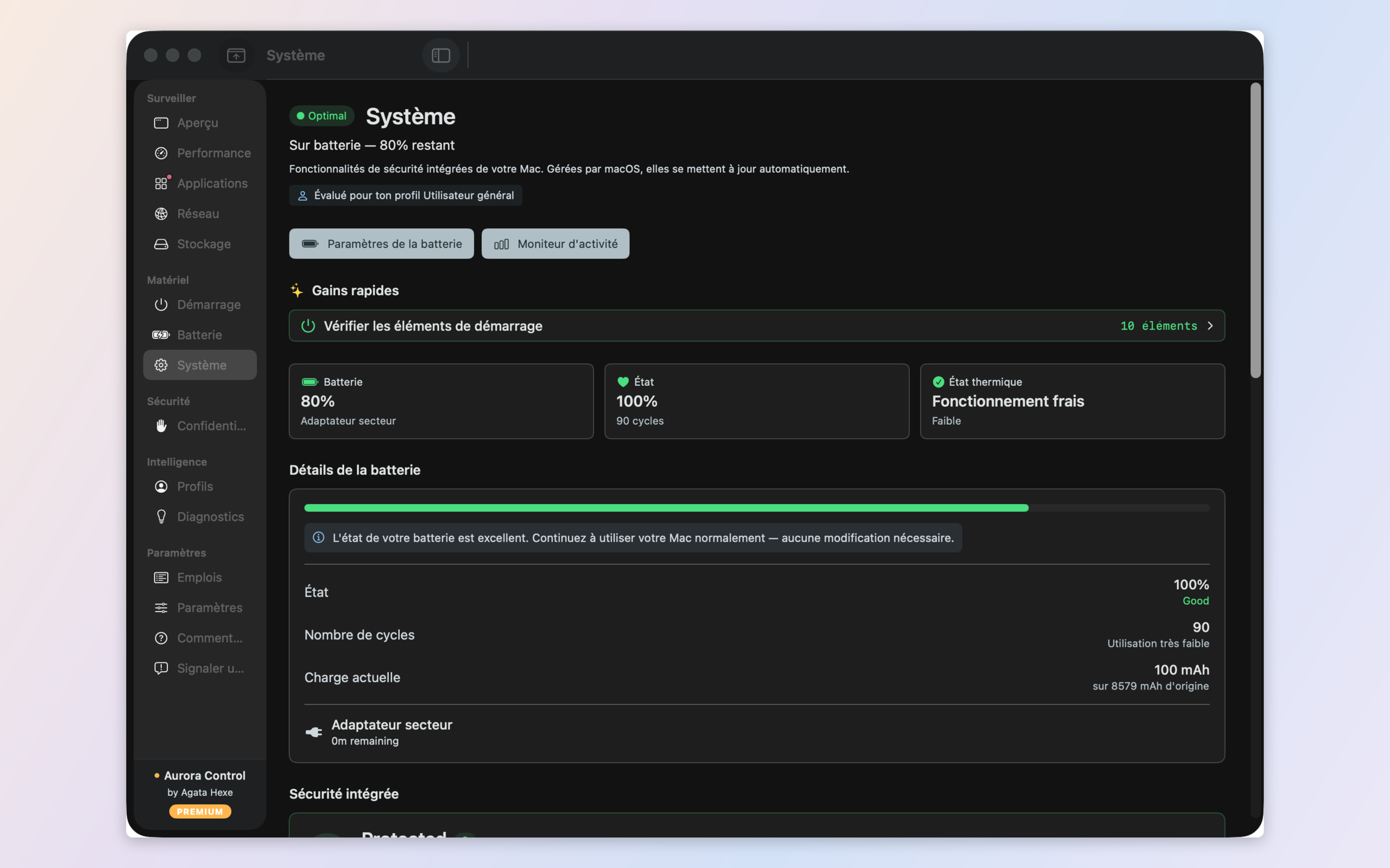 System and security — FileVault, XProtect, SIP and Secure Enclave status alongside hardware health