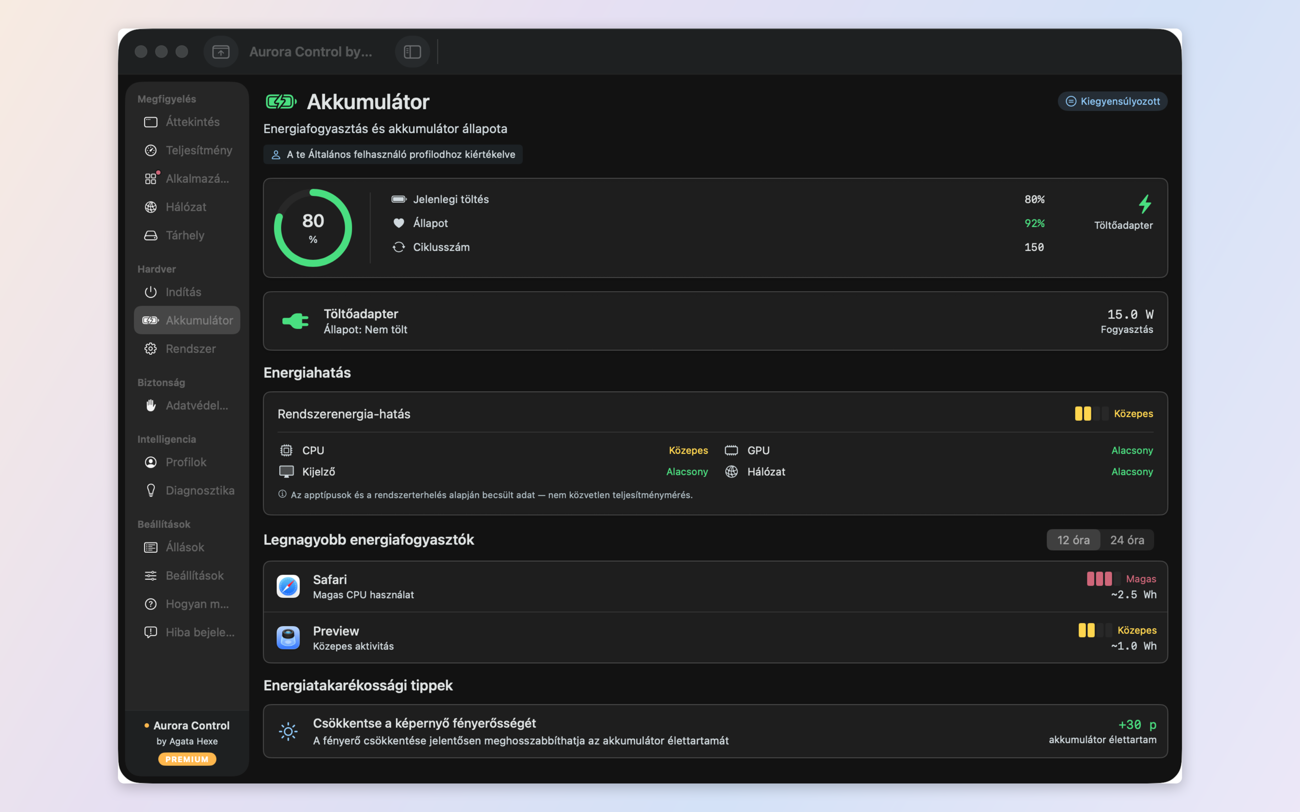 Battery, energy and thermal — per-app energy draw, battery health, and real CPU/GPU/SSD temperatures