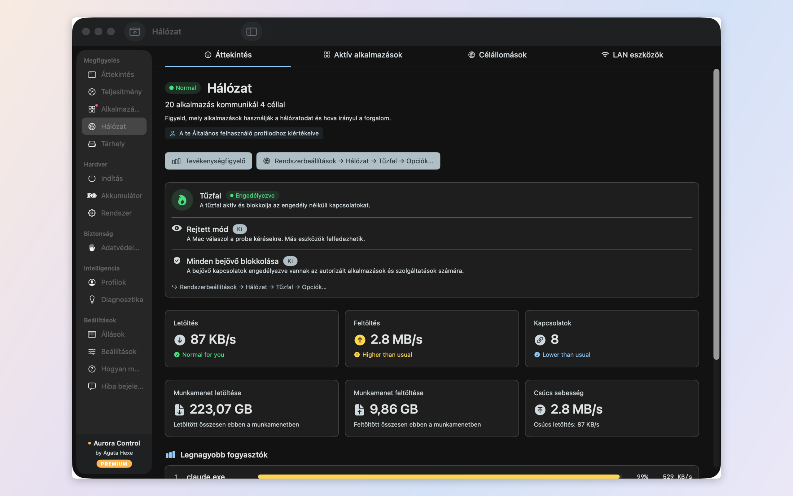 Network monitor — per-app traffic, destinations, LAN devices, and a built-in outbound firewall