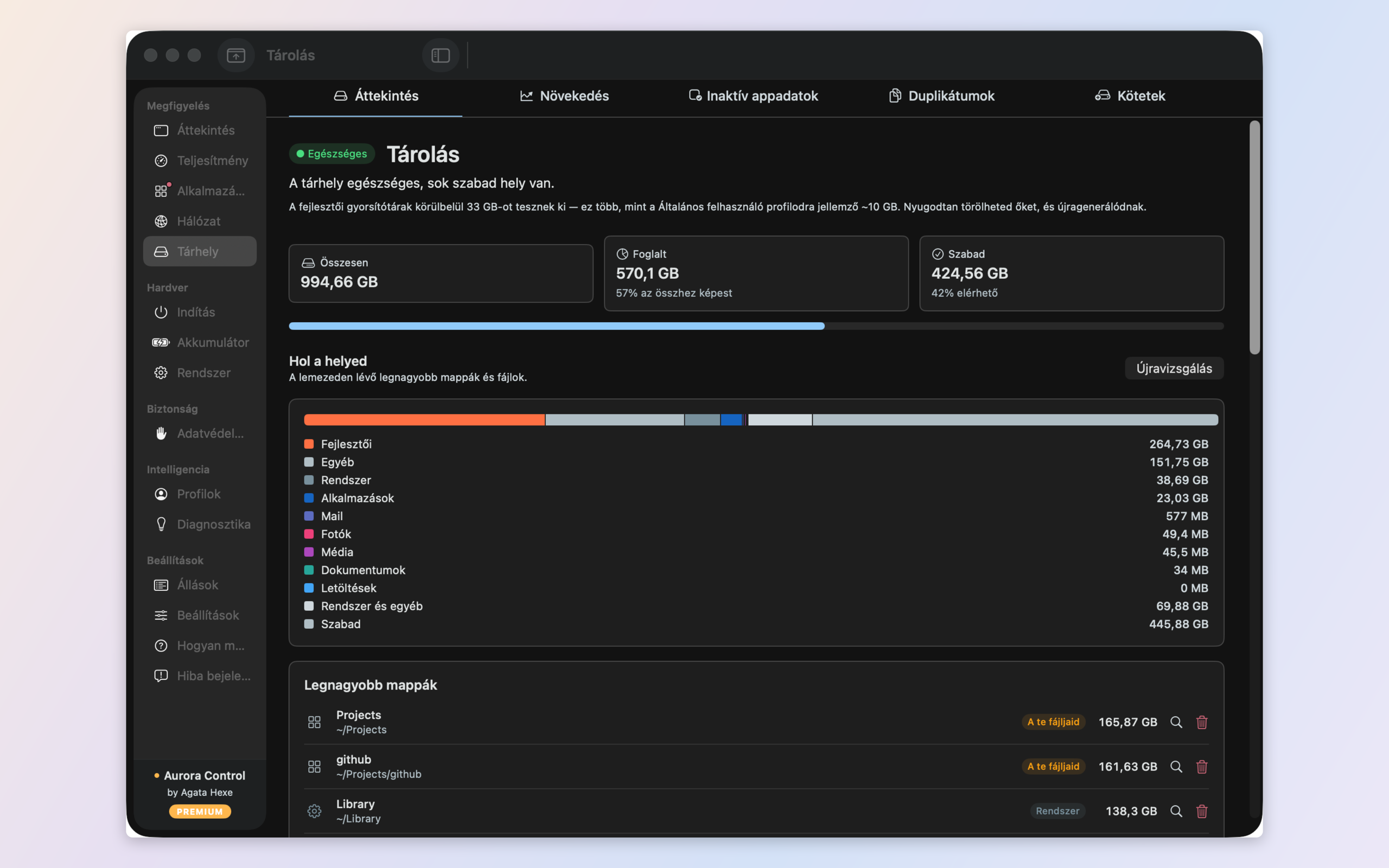 Storage analysis — free space, categories, and a growth timeline mapped to the tools that fill it