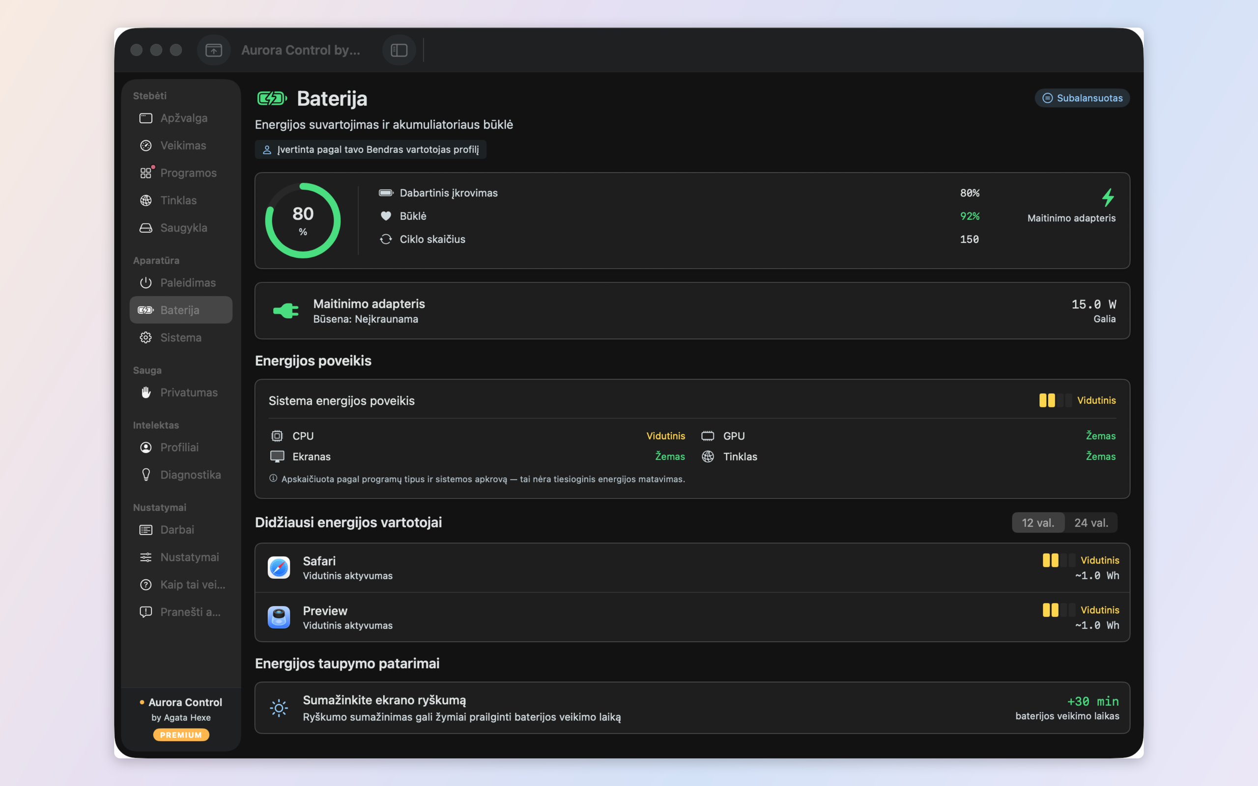 Battery, energy and thermal — per-app energy draw, battery health, and real CPU/GPU/SSD temperatures
