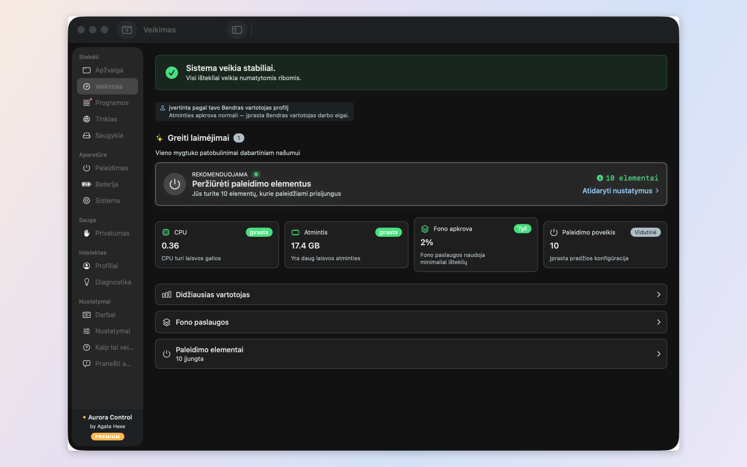 Performance — CPU load per core and memory pressure interpreted through your profile