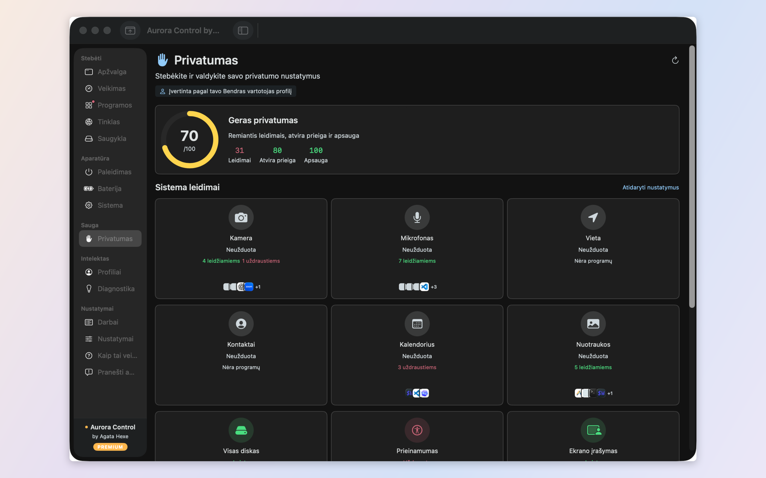 Privacy audit — which apps hold camera, microphone, location and full disk access, with a privacy score