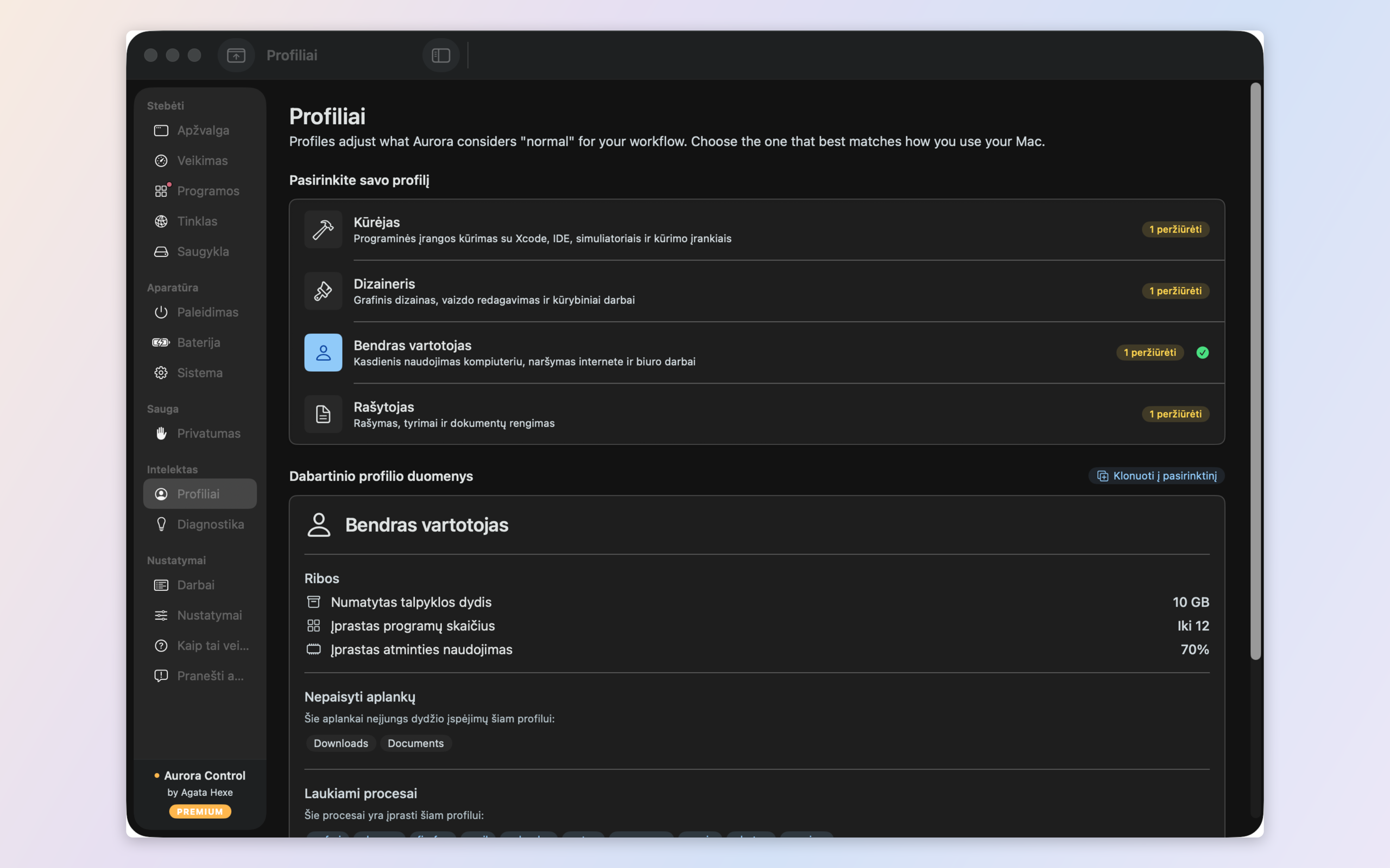 Profiles — Developer, Designer, Writer, General and custom presets that redefine what 'normal' means for your Mac