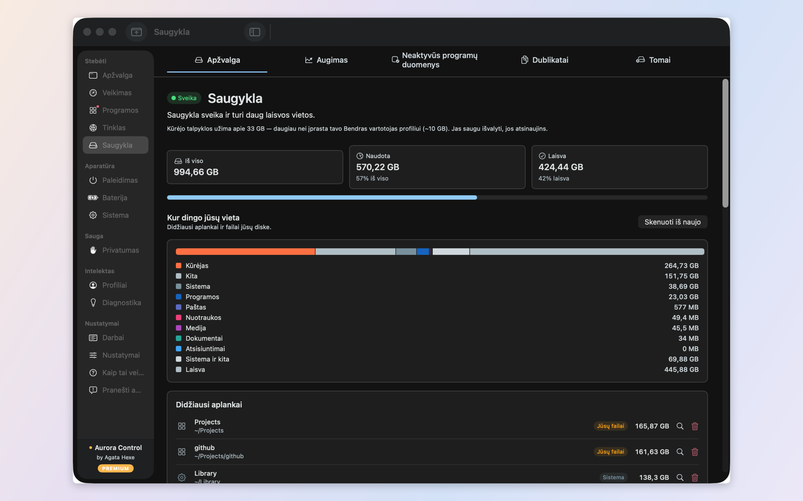 Storage analysis — free space, categories, and a growth timeline mapped to the tools that fill it