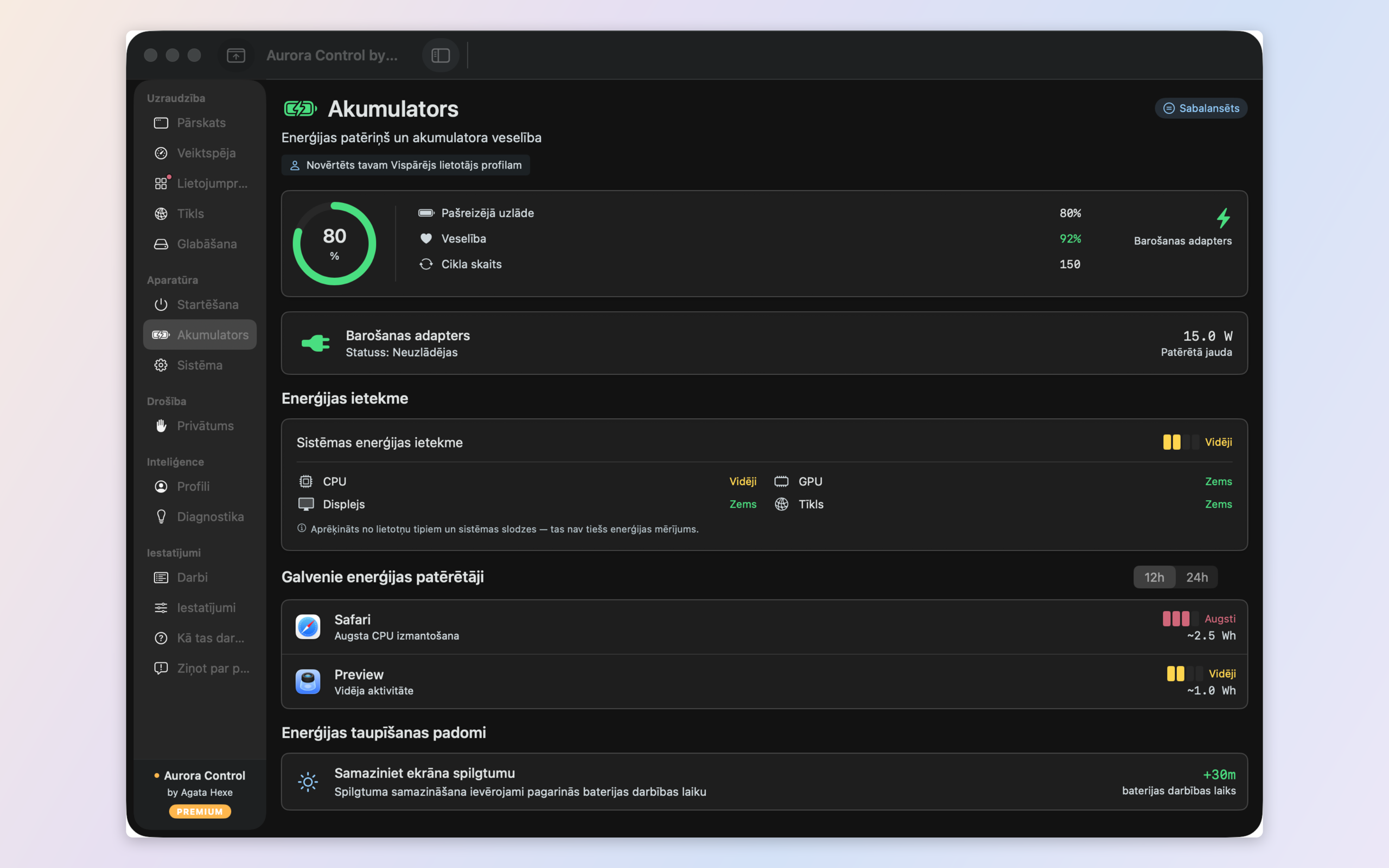 Battery, energy and thermal — per-app energy draw, battery health, and real CPU/GPU/SSD temperatures
