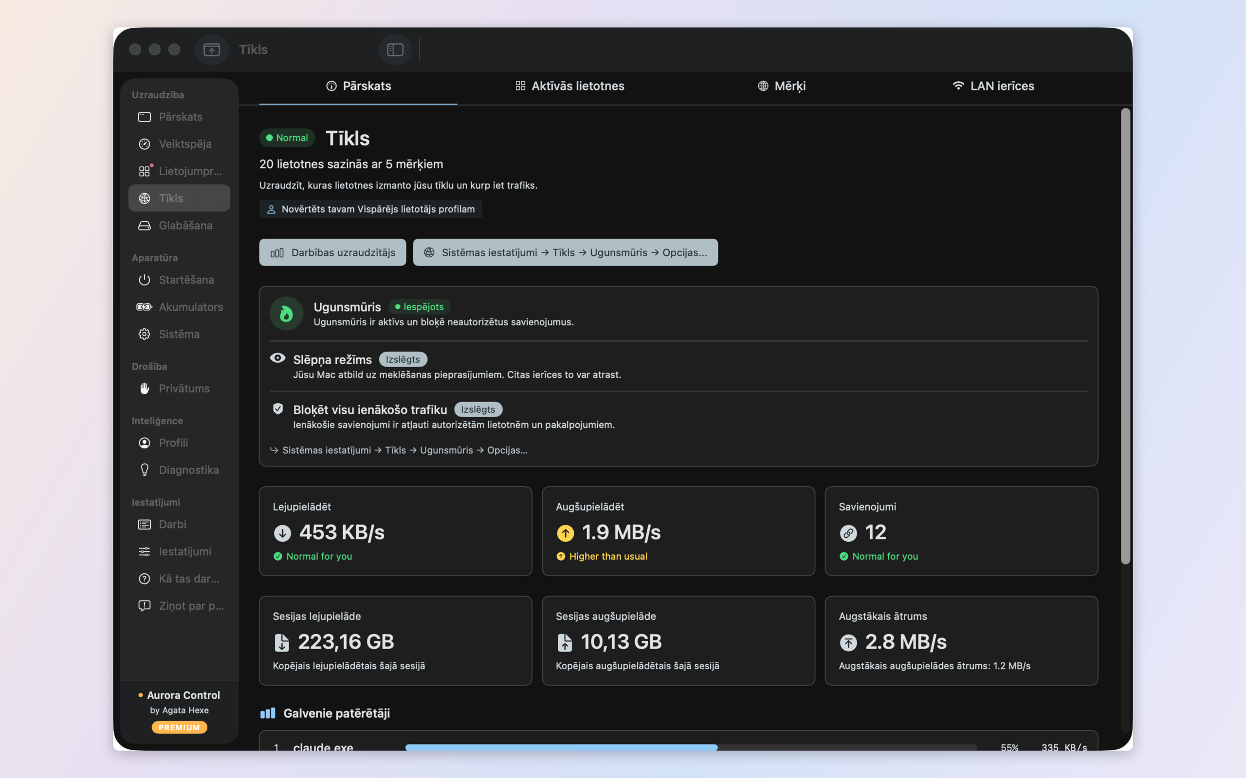 Network monitor — per-app traffic, destinations, LAN devices, and a built-in outbound firewall