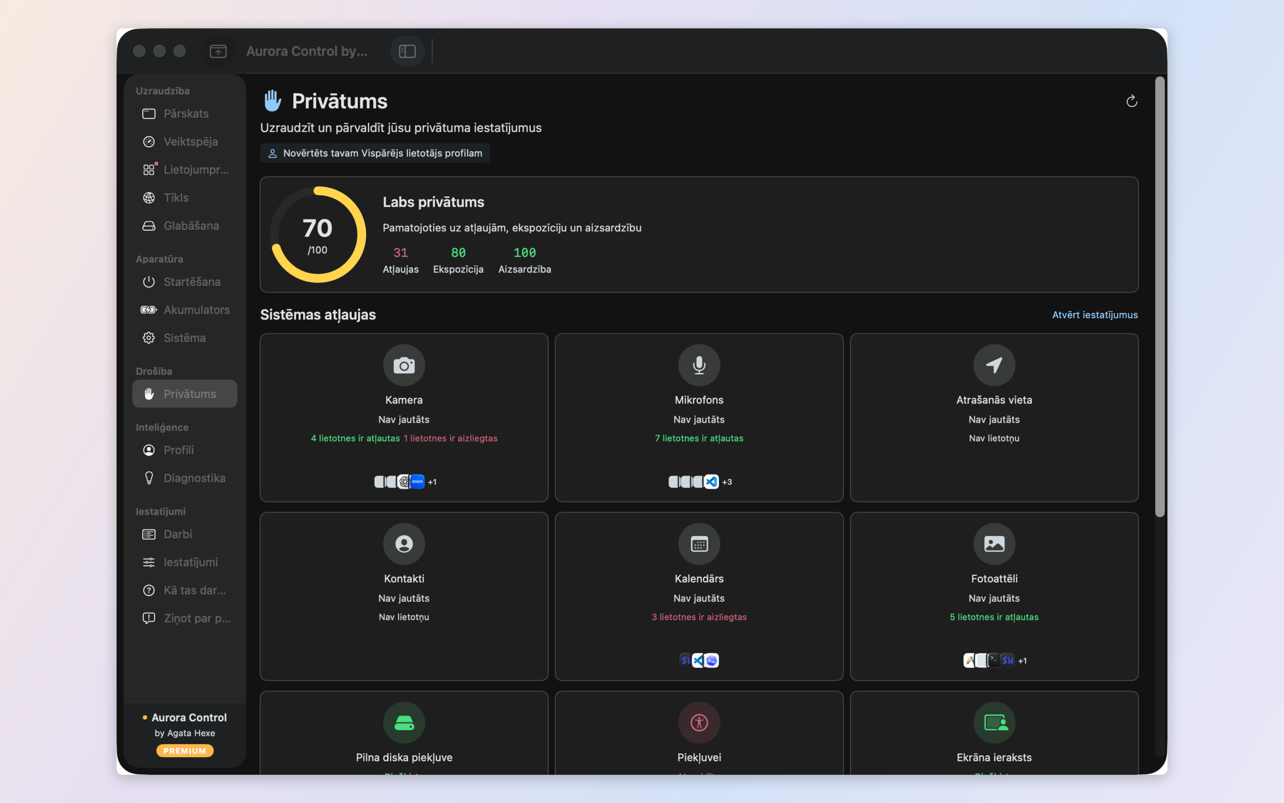 Privacy audit — which apps hold camera, microphone, location and full disk access, with a privacy score
