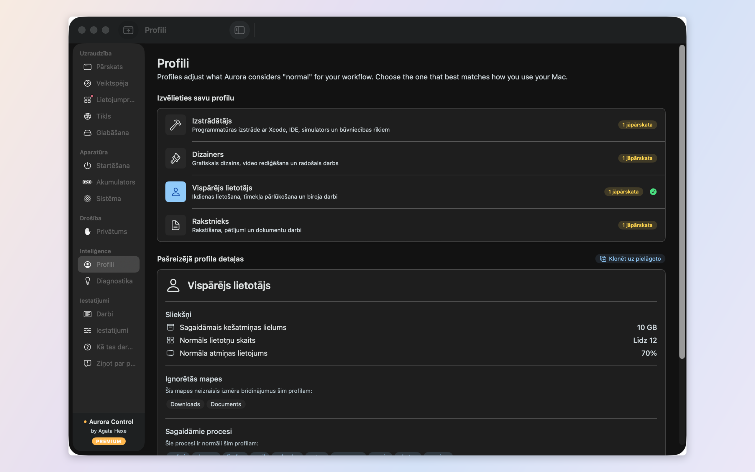 Profiles — Developer, Designer, Writer, General and custom presets that redefine what 'normal' means for your Mac