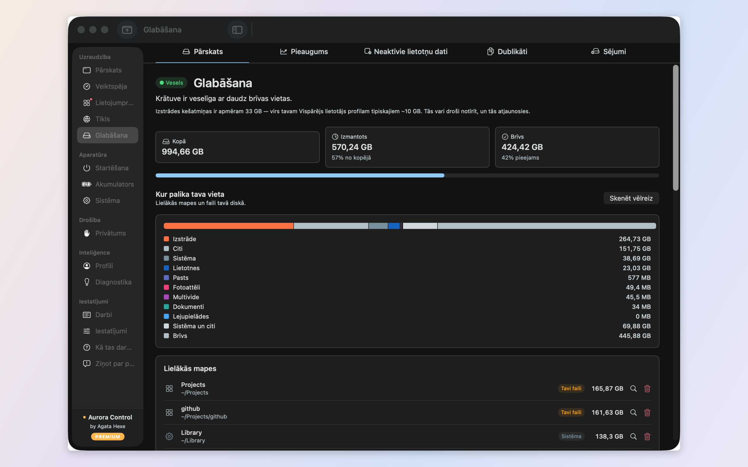 Storage analysis — free space, categories, and a growth timeline mapped to the tools that fill it