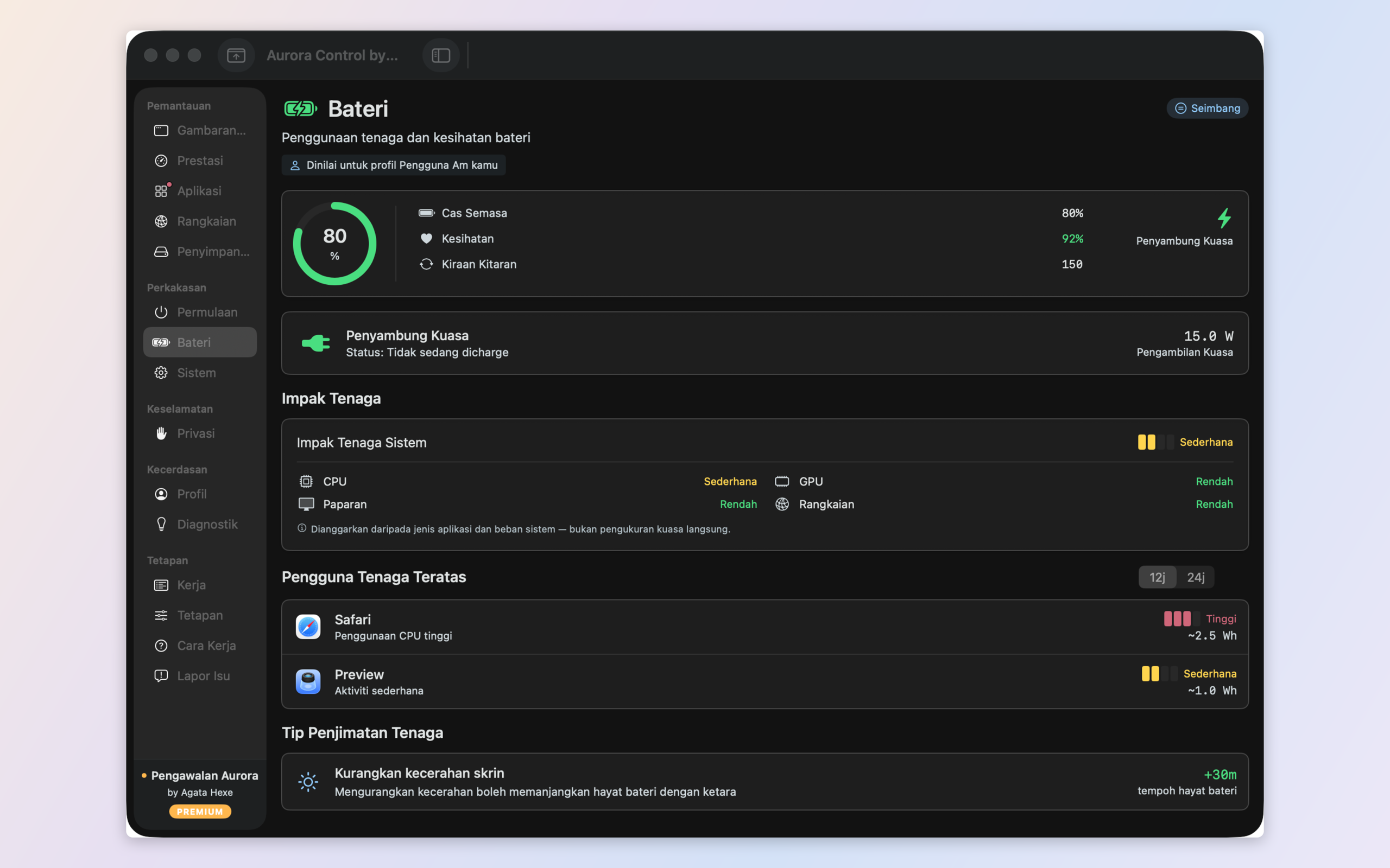 Battery, energy and thermal — per-app energy draw, battery health, and real CPU/GPU/SSD temperatures