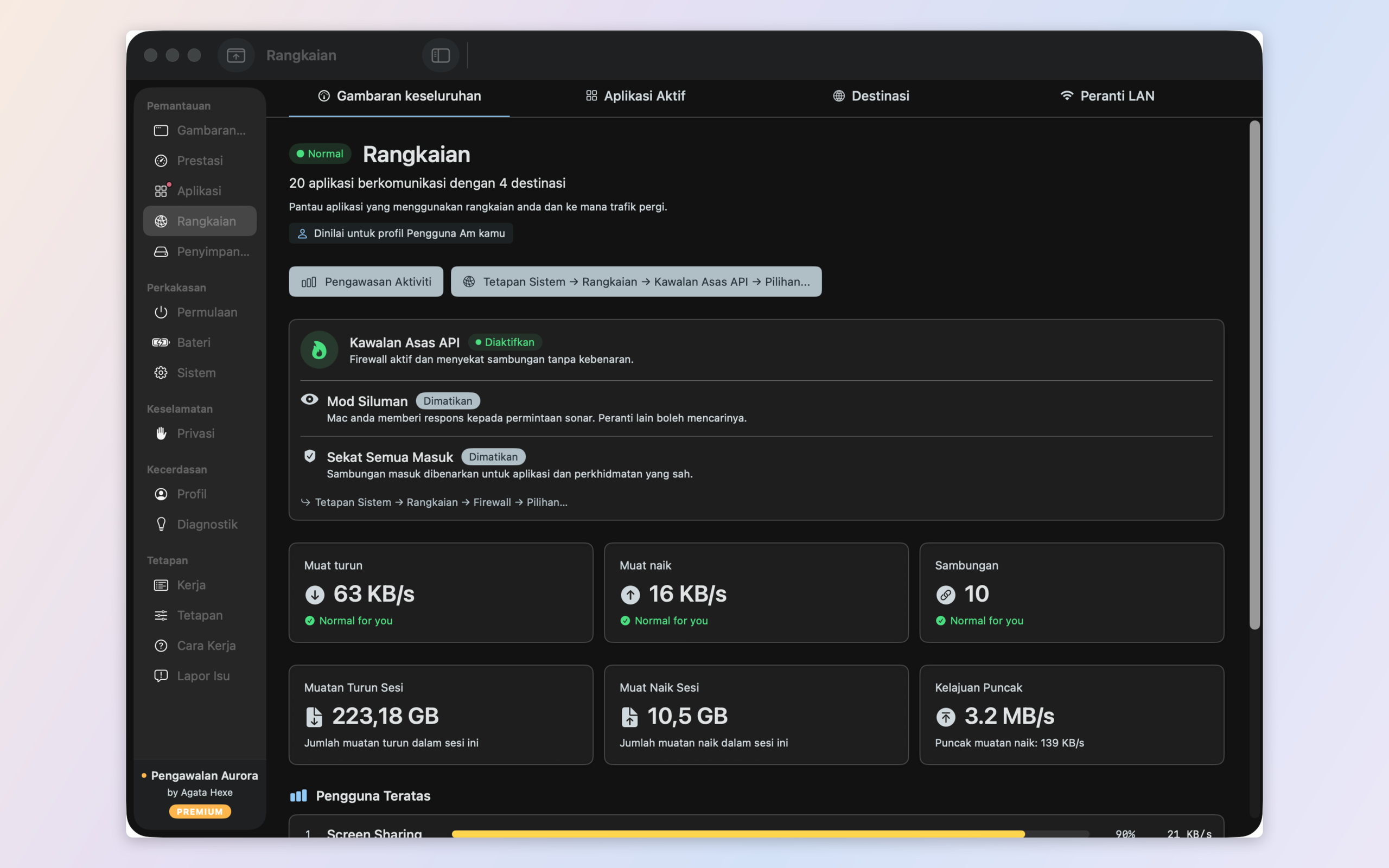 Network monitor — per-app traffic, destinations, LAN devices, and a built-in outbound firewall