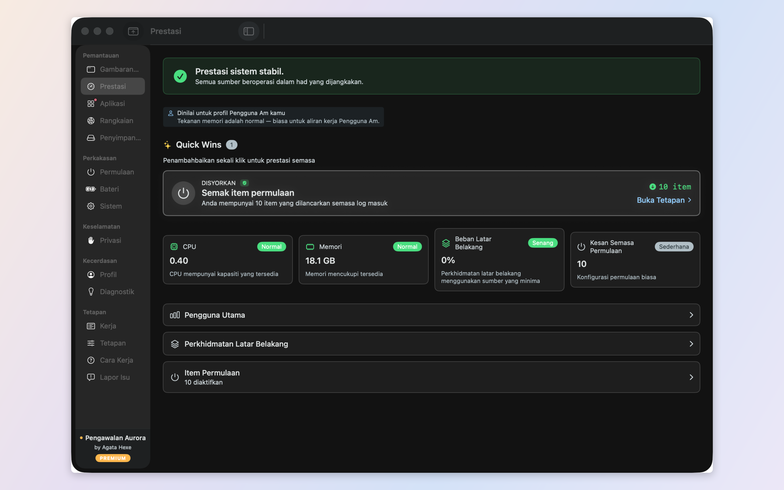 Performance — CPU load per core and memory pressure interpreted through your profile