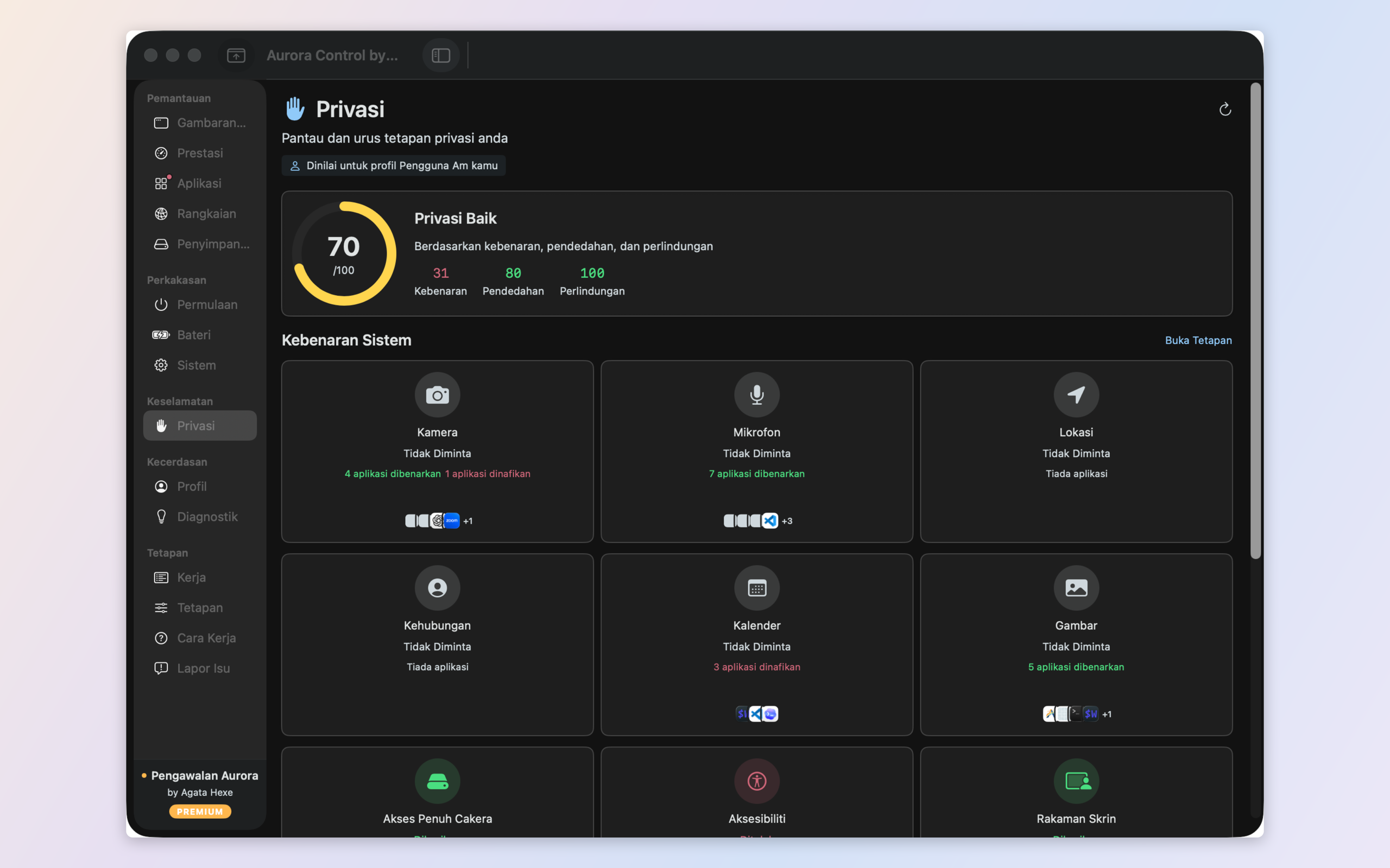 Privacy audit — which apps hold camera, microphone, location and full disk access, with a privacy score