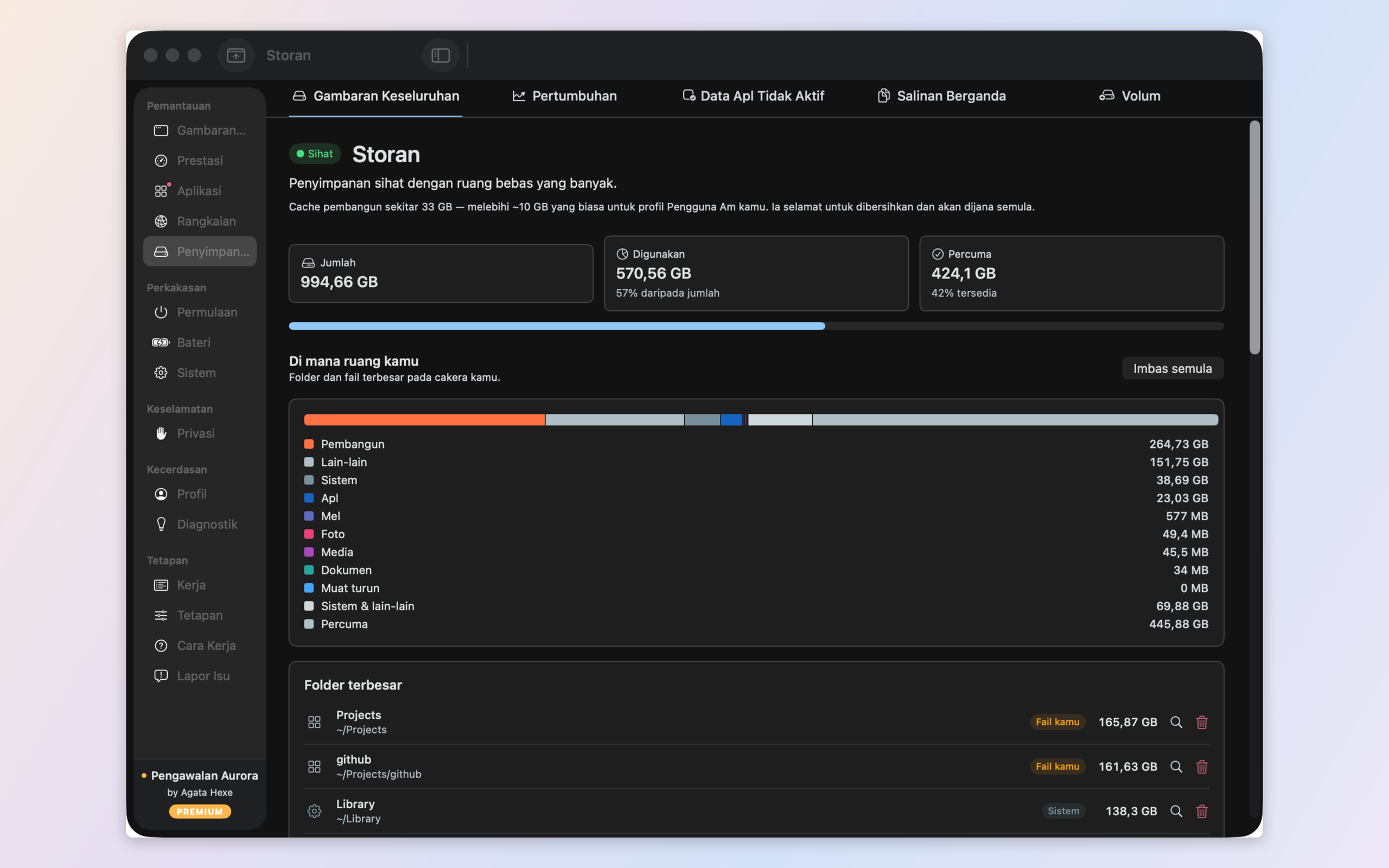 Storage analysis — free space, categories, and a growth timeline mapped to the tools that fill it