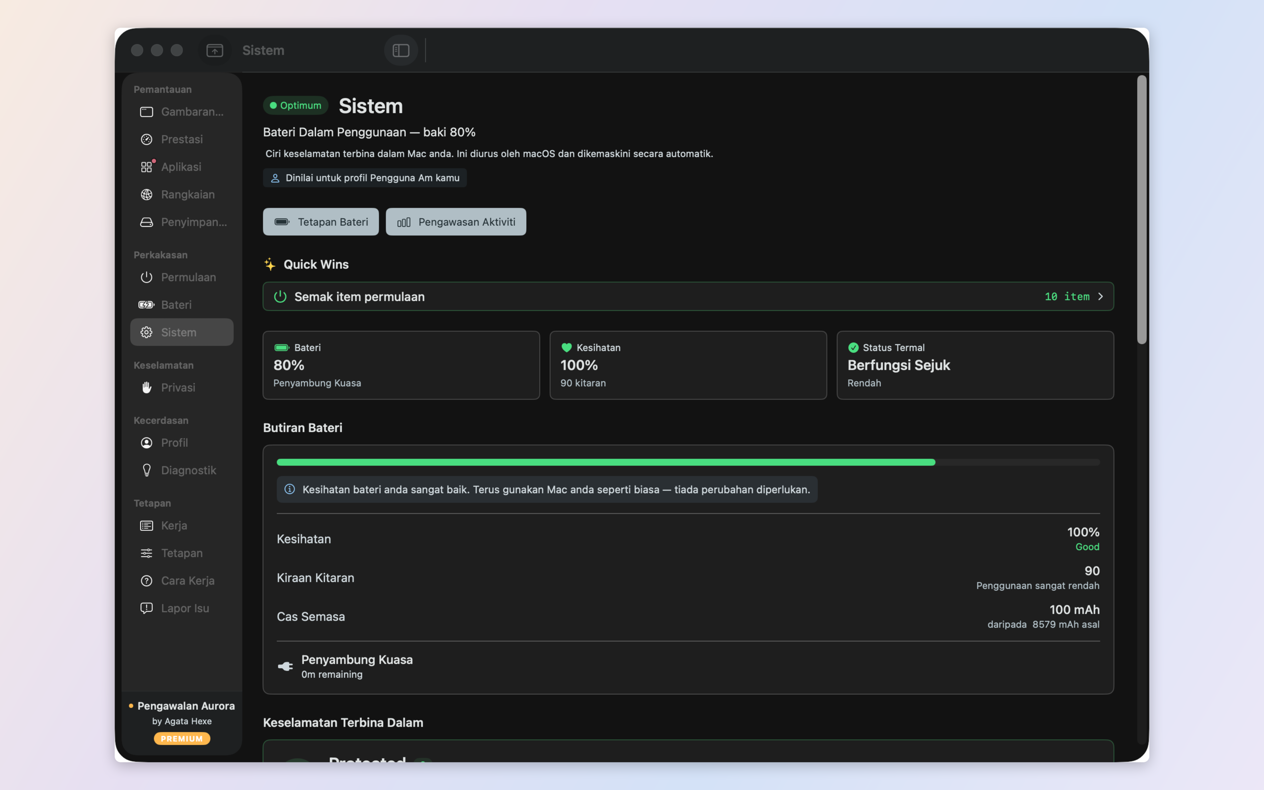 System and security — FileVault, XProtect, SIP and Secure Enclave status alongside hardware health