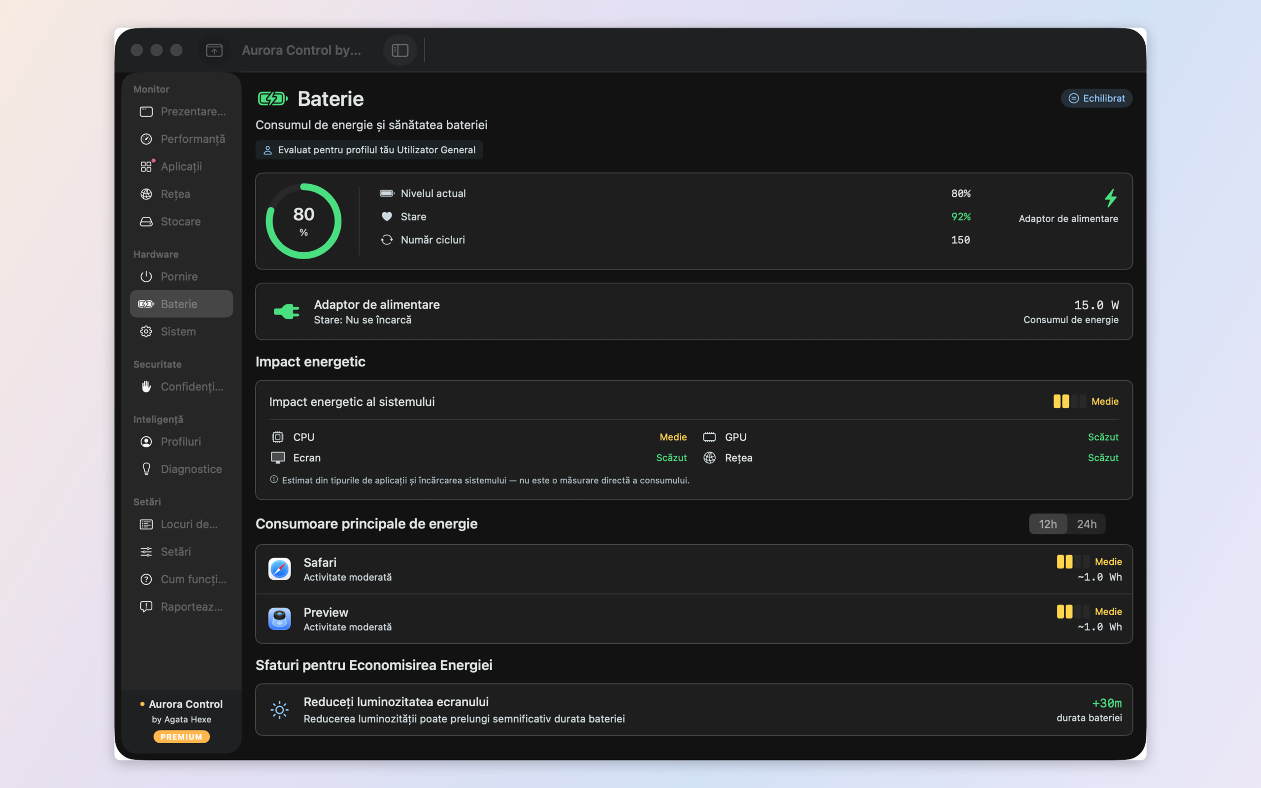 Battery, energy and thermal — per-app energy draw, battery health, and real CPU/GPU/SSD temperatures