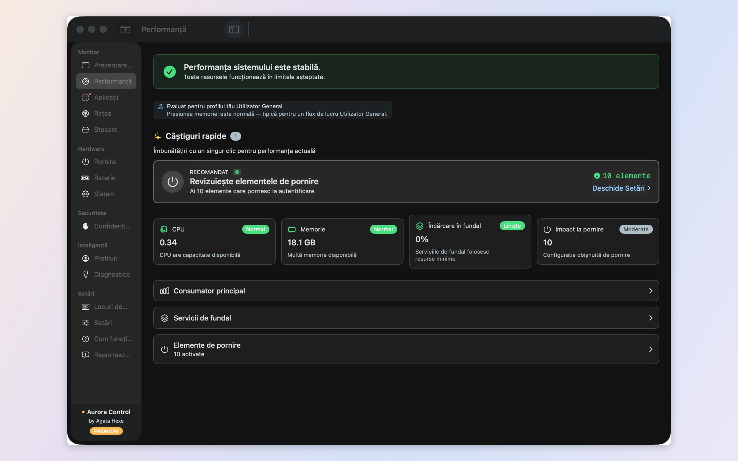 Performance — CPU load per core and memory pressure interpreted through your profile