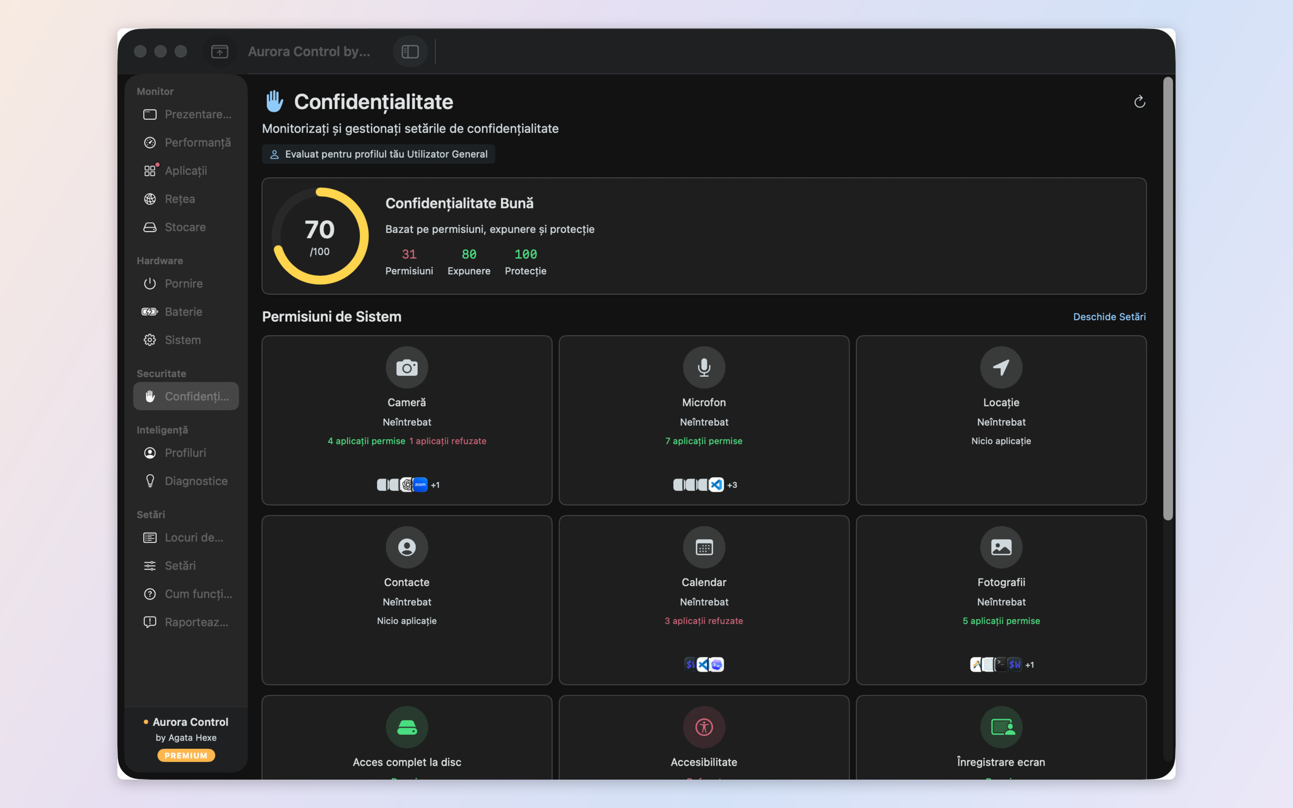 Privacy audit — which apps hold camera, microphone, location and full disk access, with a privacy score