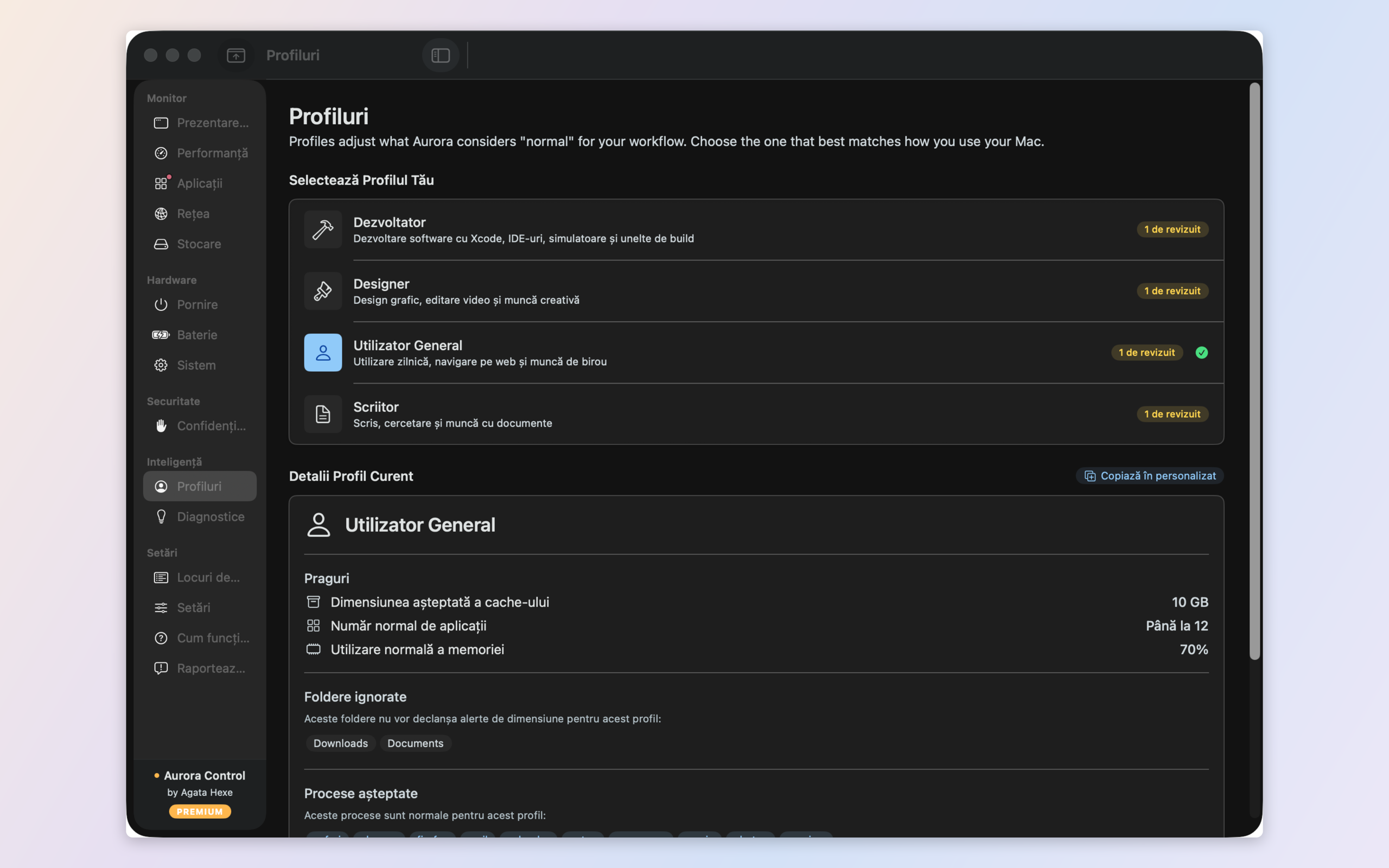 Profiles — Developer, Designer, Writer, General and custom presets that redefine what 'normal' means for your Mac
