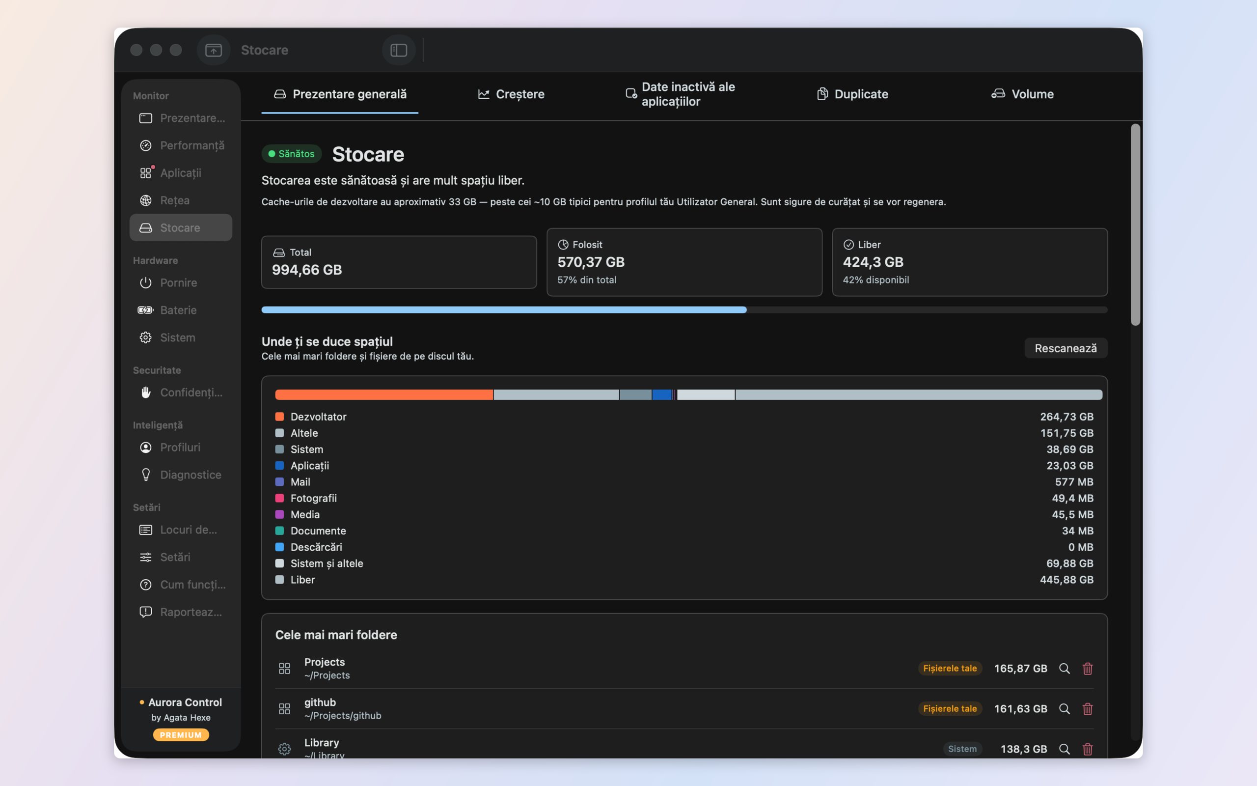Storage analysis — free space, categories, and a growth timeline mapped to the tools that fill it