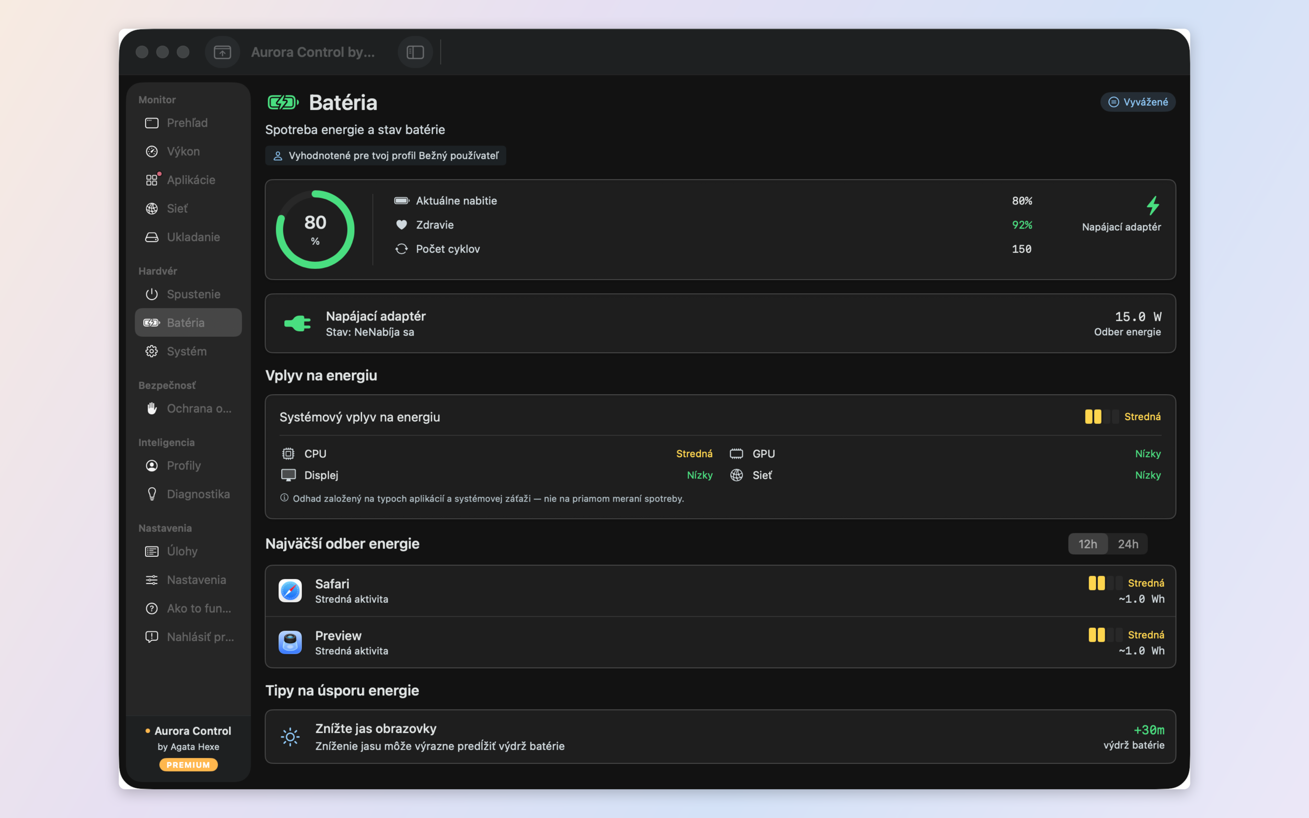 Battery, energy and thermal — per-app energy draw, battery health, and real CPU/GPU/SSD temperatures