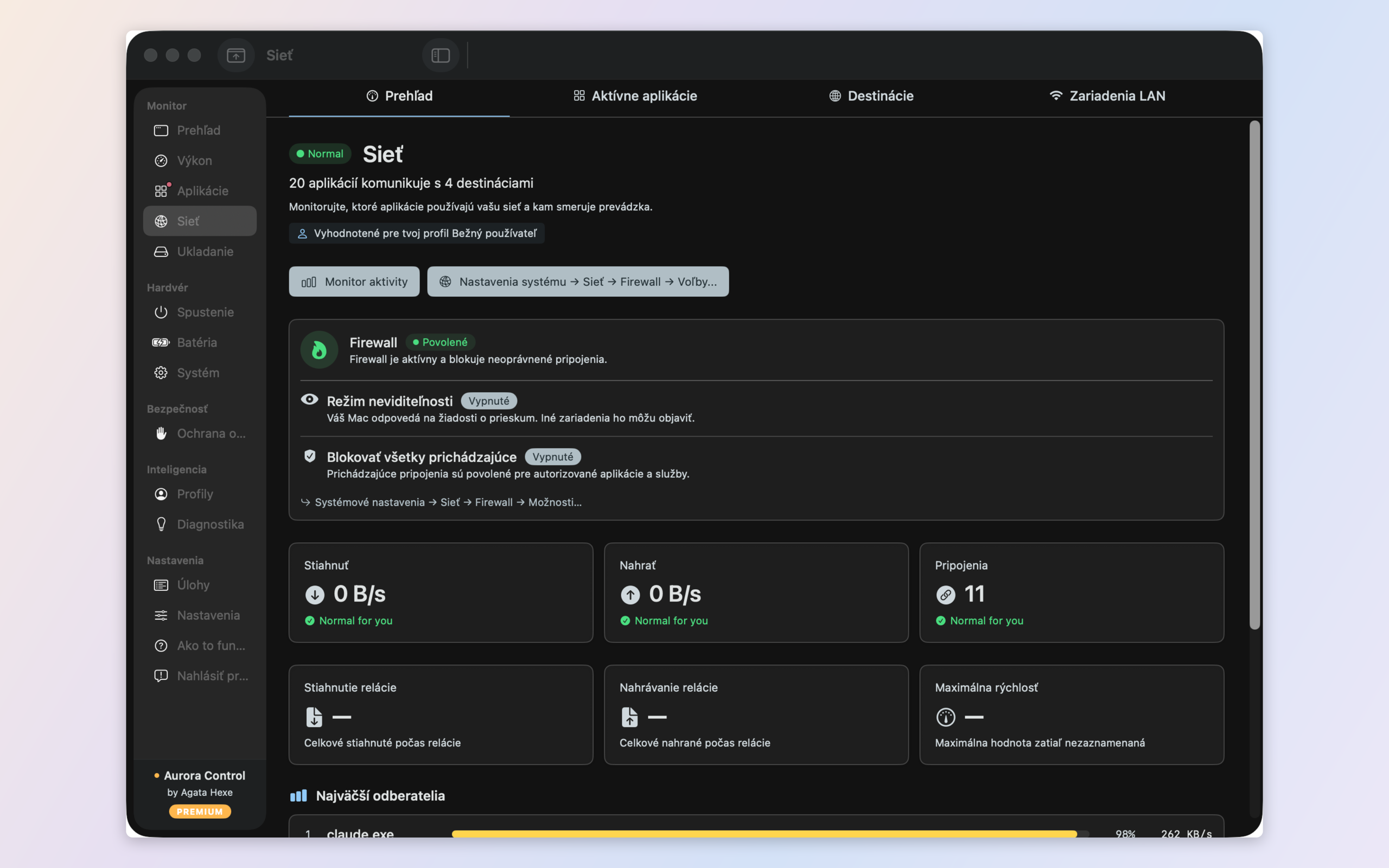 Network monitor — per-app traffic, destinations, LAN devices, and a built-in outbound firewall