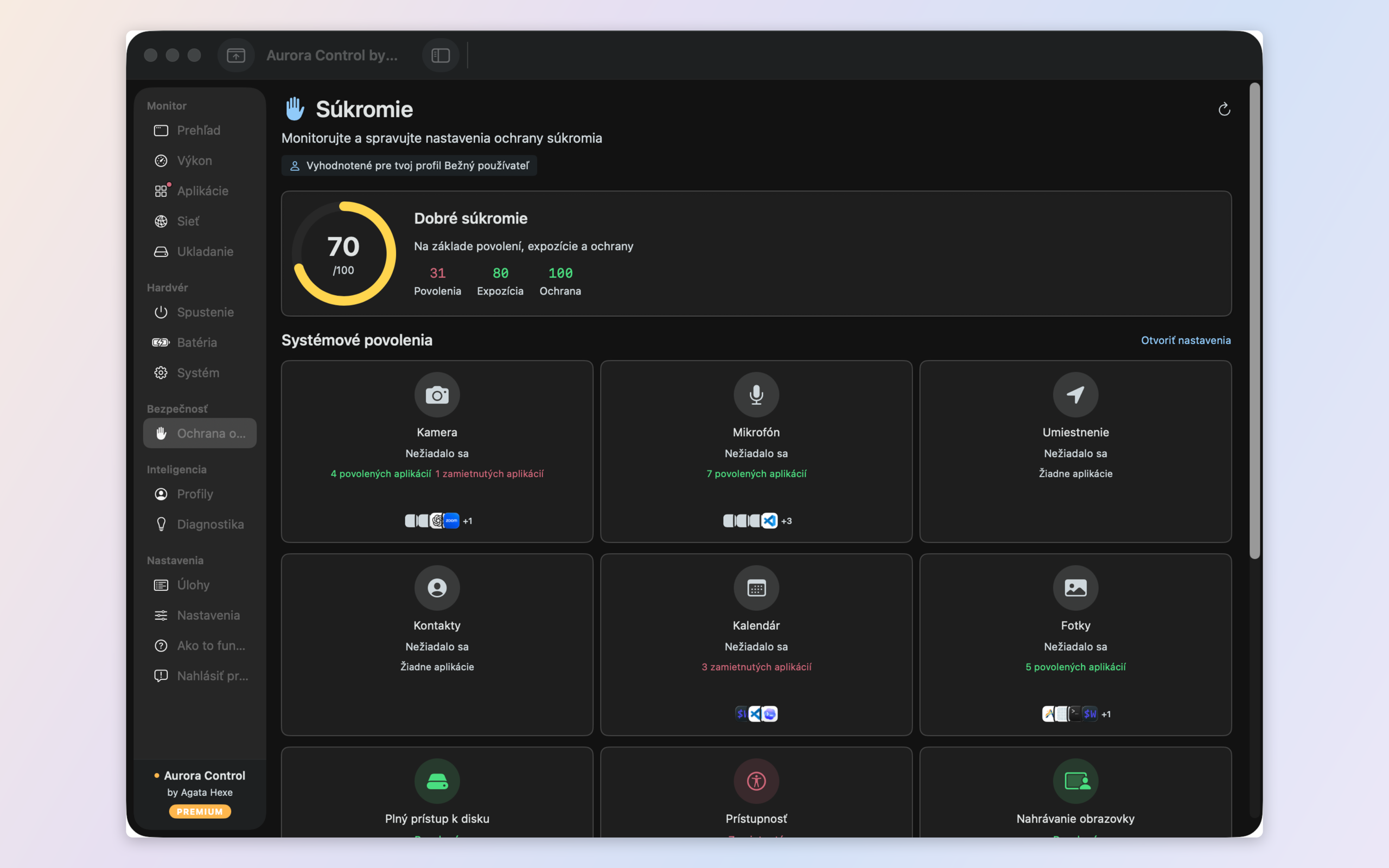 Privacy audit — which apps hold camera, microphone, location and full disk access, with a privacy score