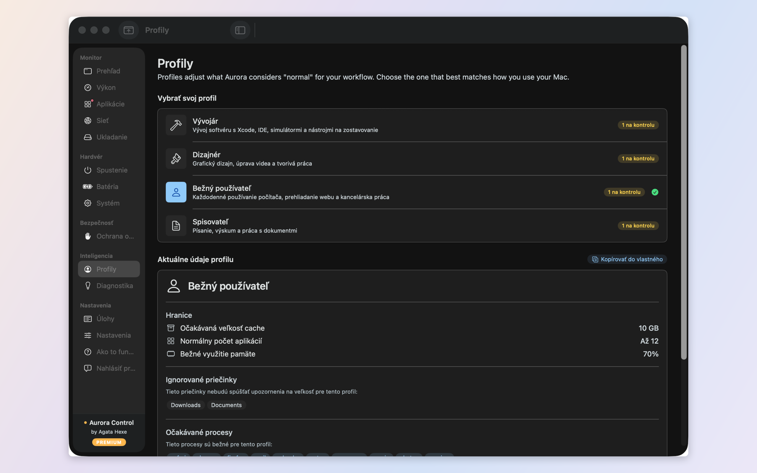 Profiles — Developer, Designer, Writer, General and custom presets that redefine what 'normal' means for your Mac