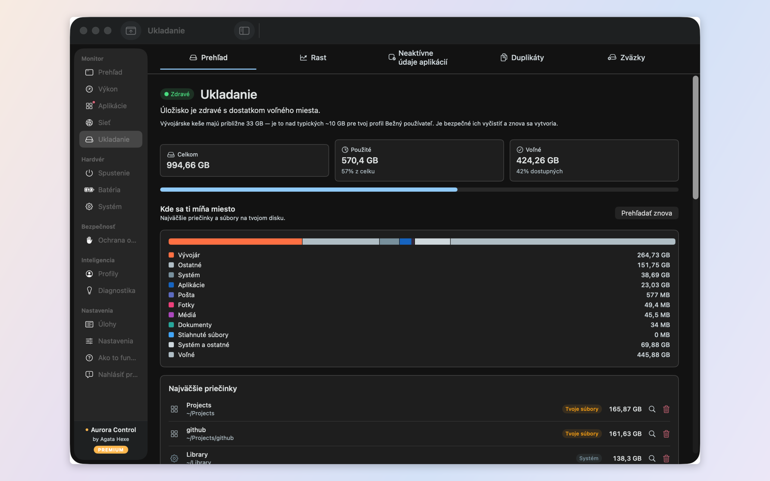 Storage analysis — free space, categories, and a growth timeline mapped to the tools that fill it