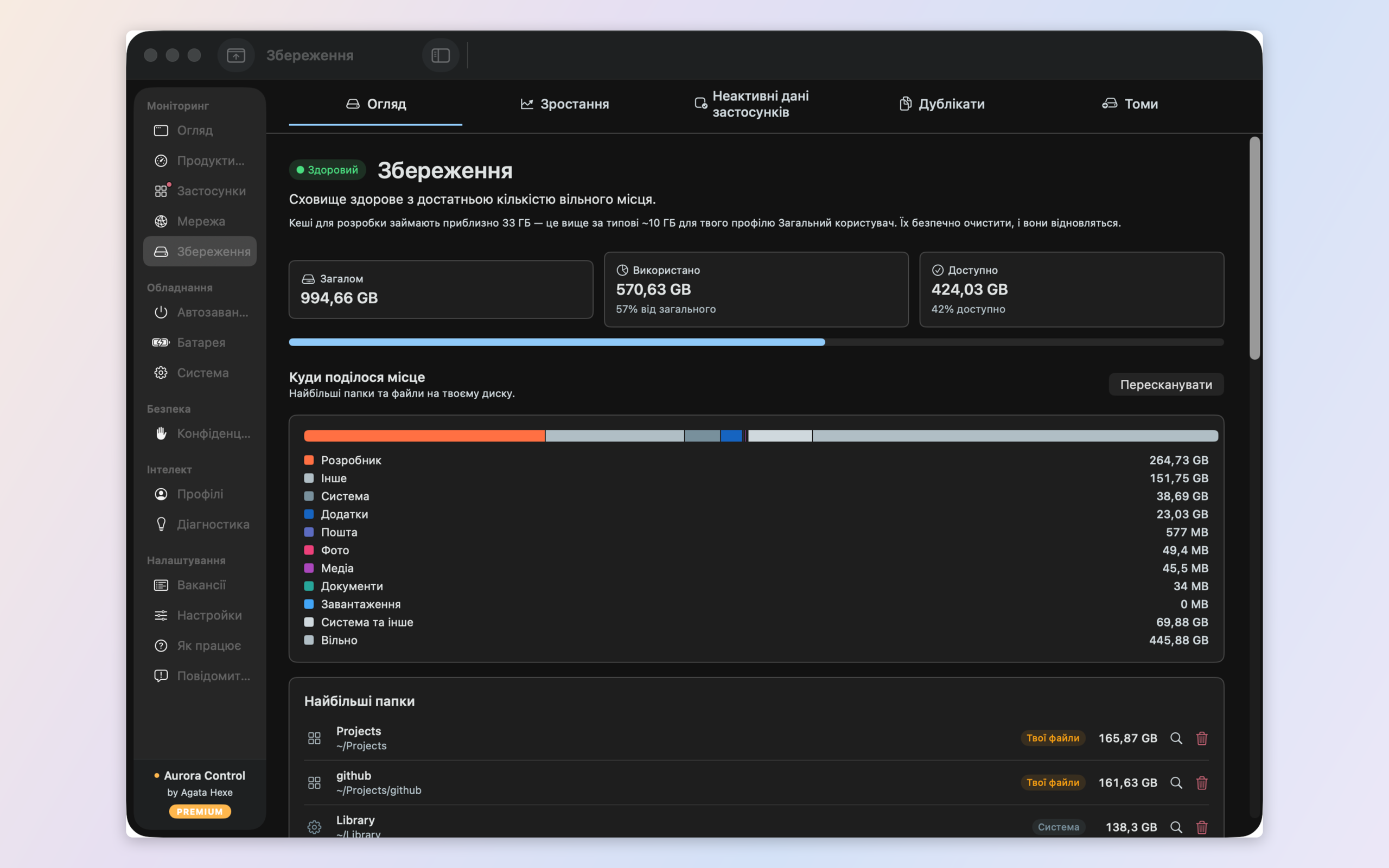 Storage analysis — free space, categories, and a growth timeline mapped to the tools that fill it